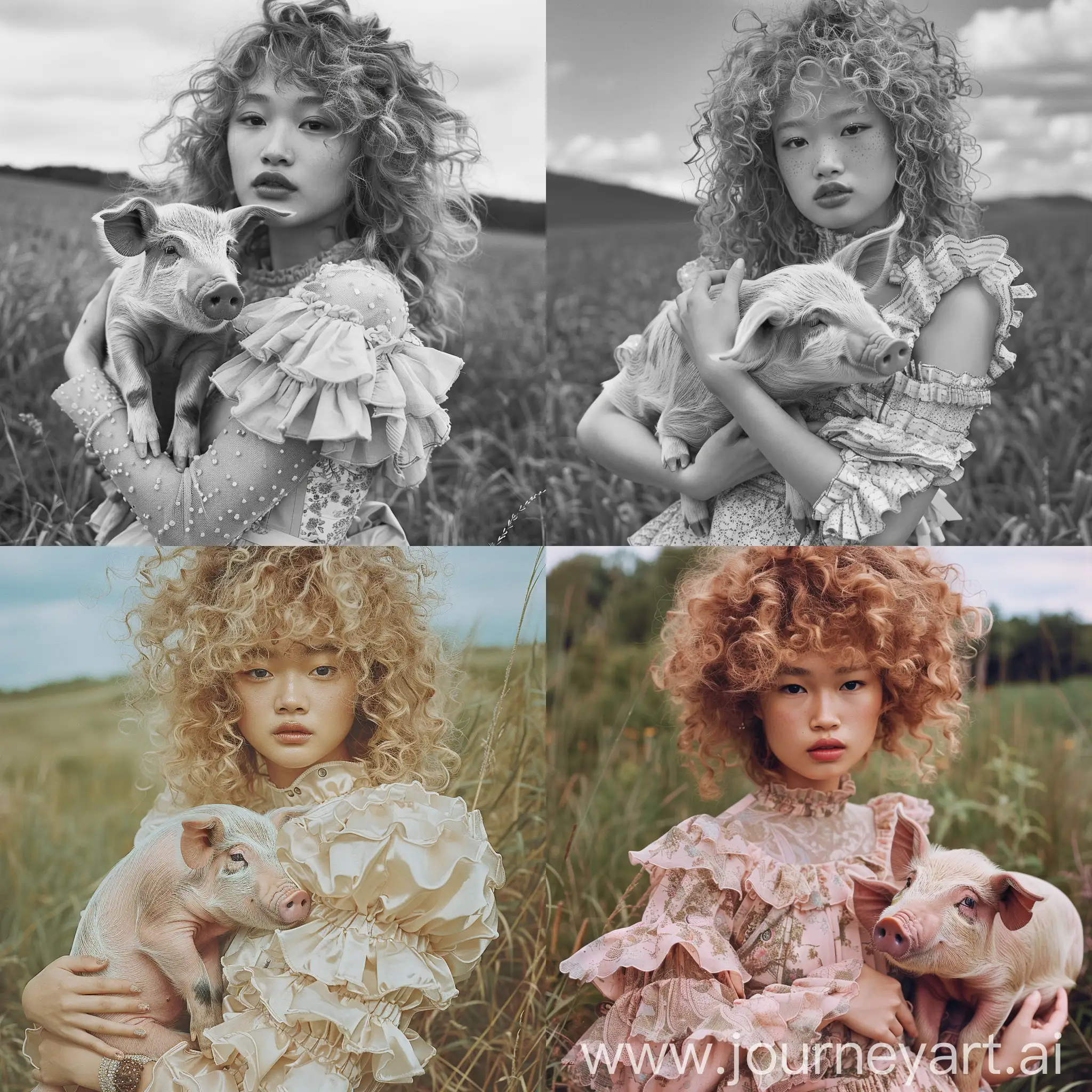 Japanese-Girl-Holding-Piglet-in-Ruffled-Dress-High-Fashion-Editorial-Photoshoot