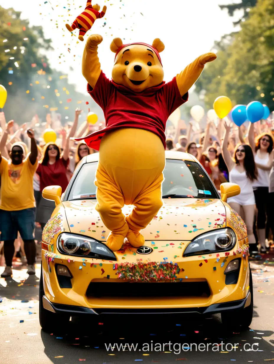 Joyful-Winnie-the-Pooh-Dance-on-Toyota-Supra-with-Confetti