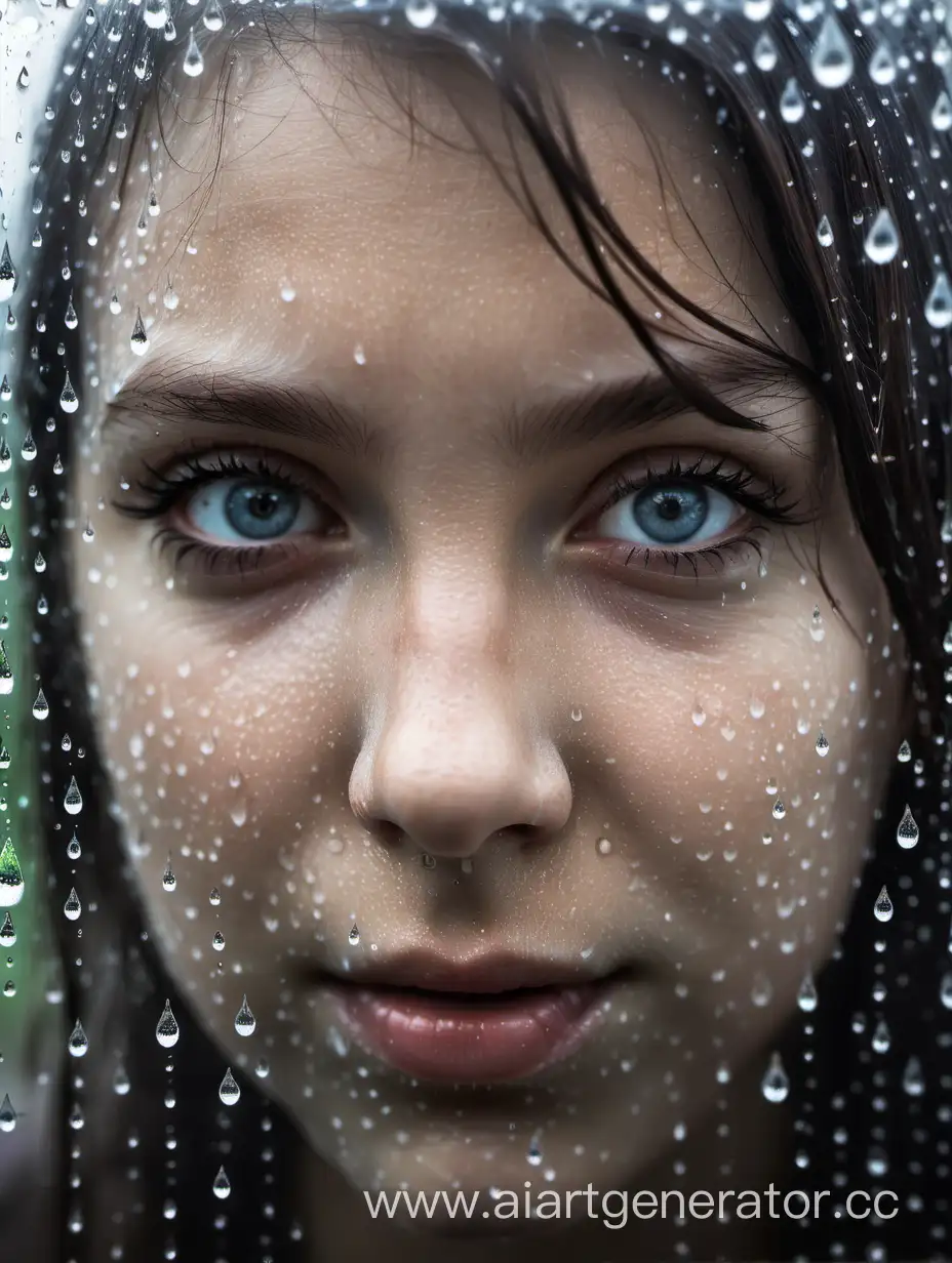 Портрет девушки, капли воды, запотевшее стекло
