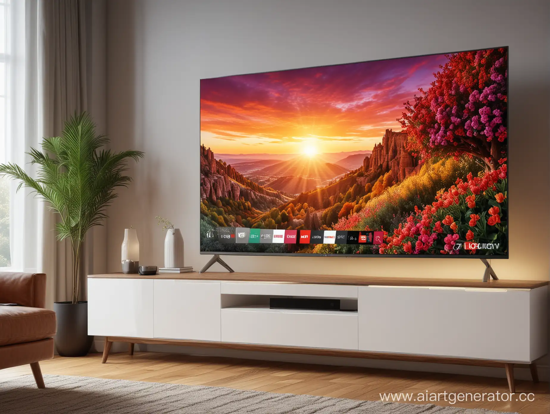 TV LG 55UR78009LL, beautiful colorful picture on the screen, fashionable modern interior, backlight, photorealism, hyperrealism, evening, TV in focus, 8K, highly detailed, cool, beautiful