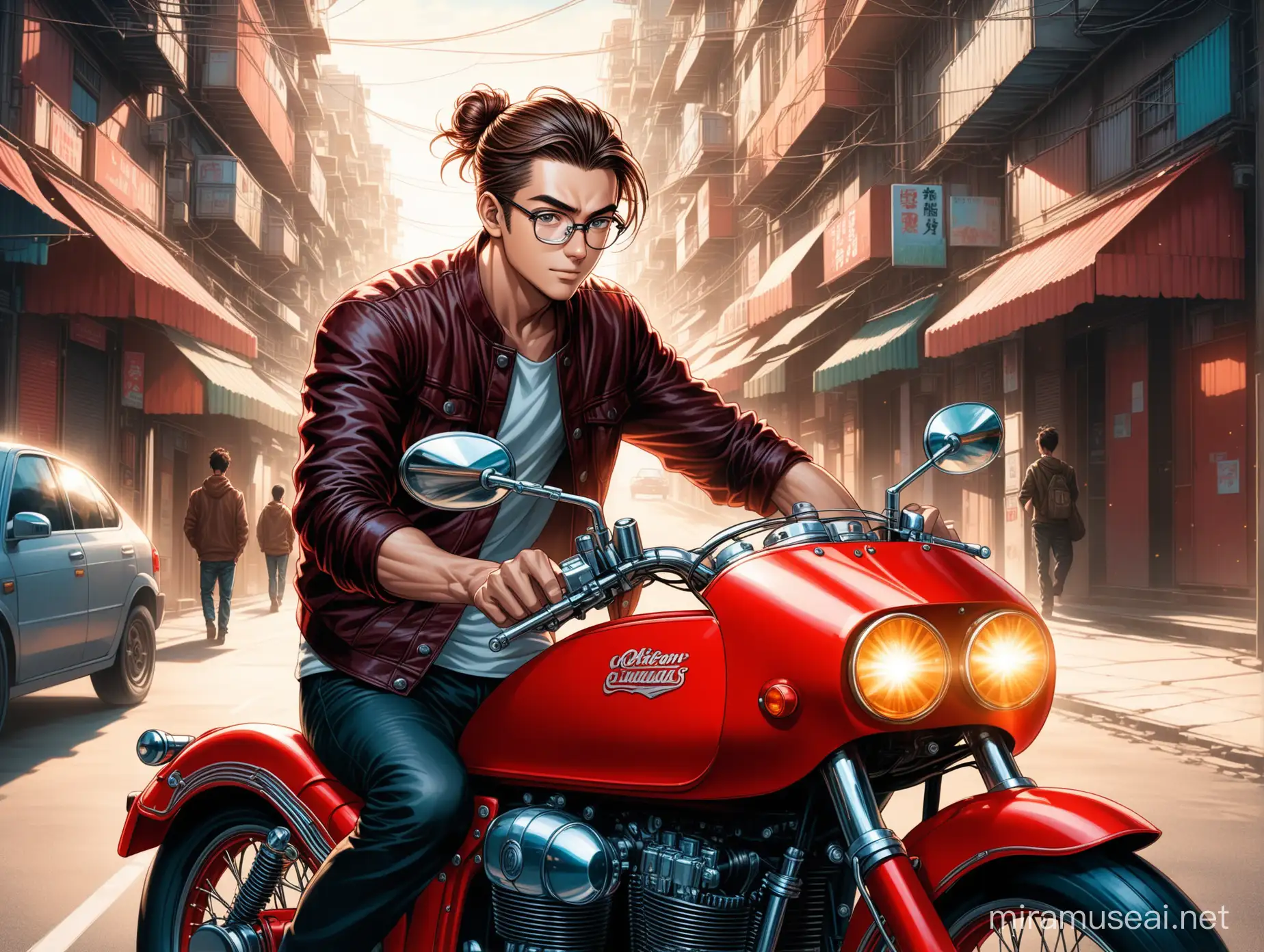 Visionary Manga Artist Riding Iconic Red Motorbike Through Urban Landscape