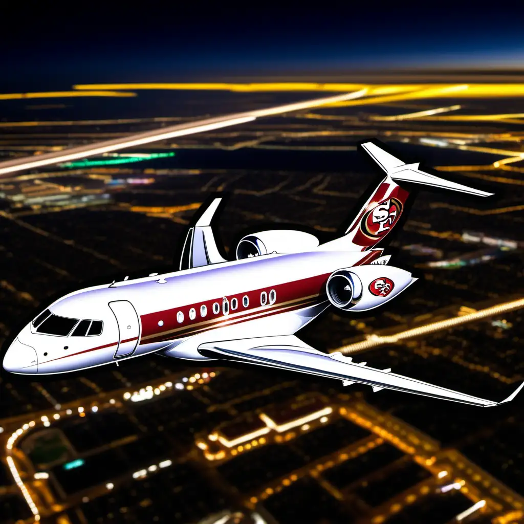 A hyper realistic photo of the 49ers on a private jet, traveling to Las Vegas at night.  Below the plane You see the Las Vegas raider’s football stadium  bright lights from the strip below the plane as the land.