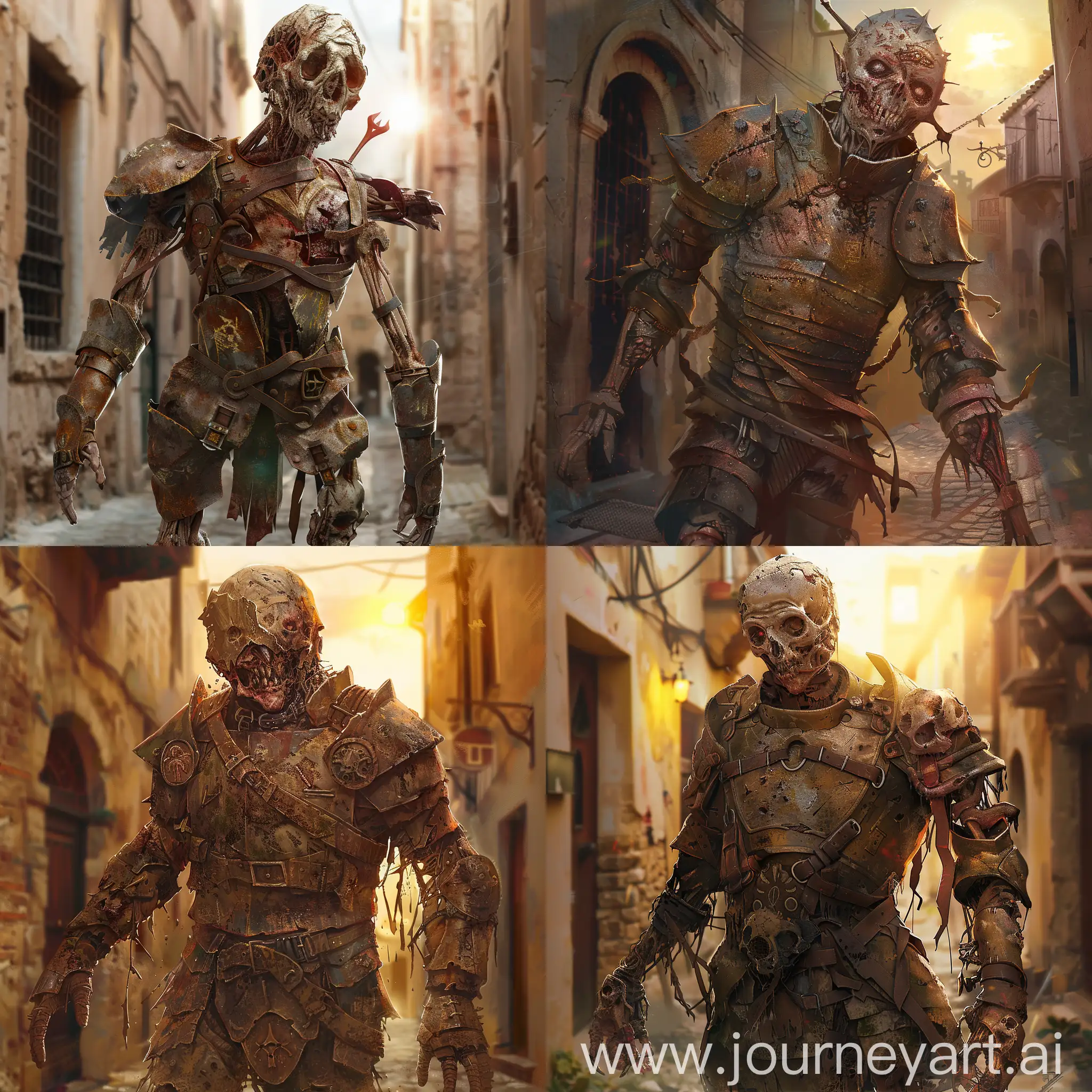 Undead-Homunculus-in-Rusted-Plate-Armor-Walking-Through-Sunset-Alley