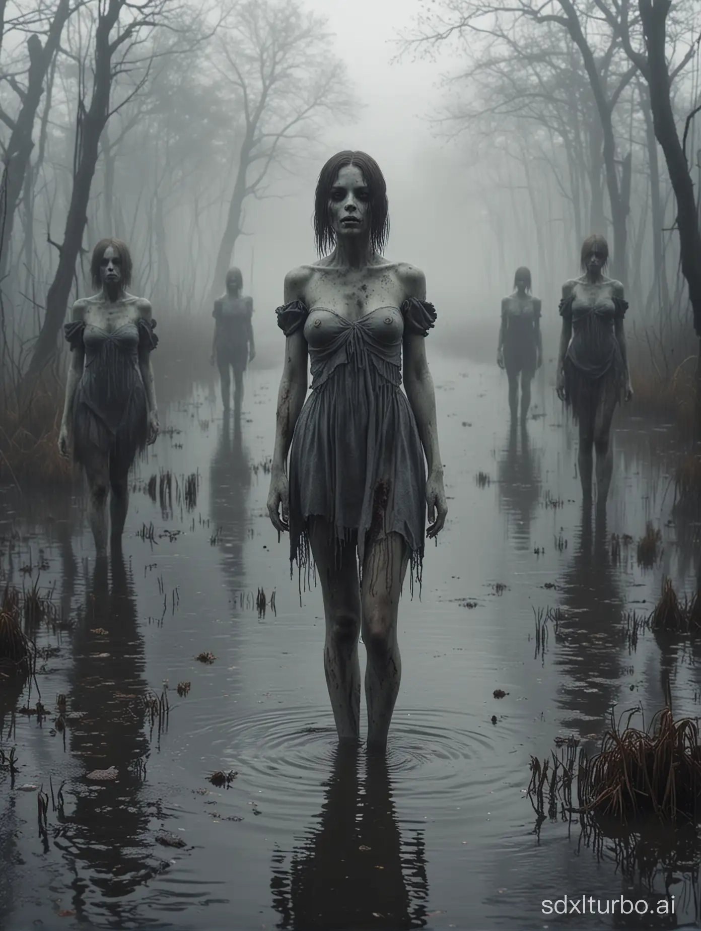 Format photo 5:4
Camera lens 120 mm
prospect framing, horror atmosphere, 
Faceless zombie girls, levitate, dead body, gothic style, 30 years old, no eyes, no mouth, no nose, full body photo, in a foggy swamp, photorealistic, 4k, hi resolution, 
