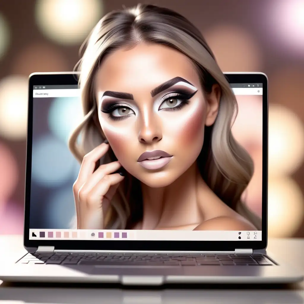 crea una imagen mostrando una mujer usando maquillaje que se vea en la pantalla de una laptop con mucha luz y tonos claros, pero difuminando el fondo.