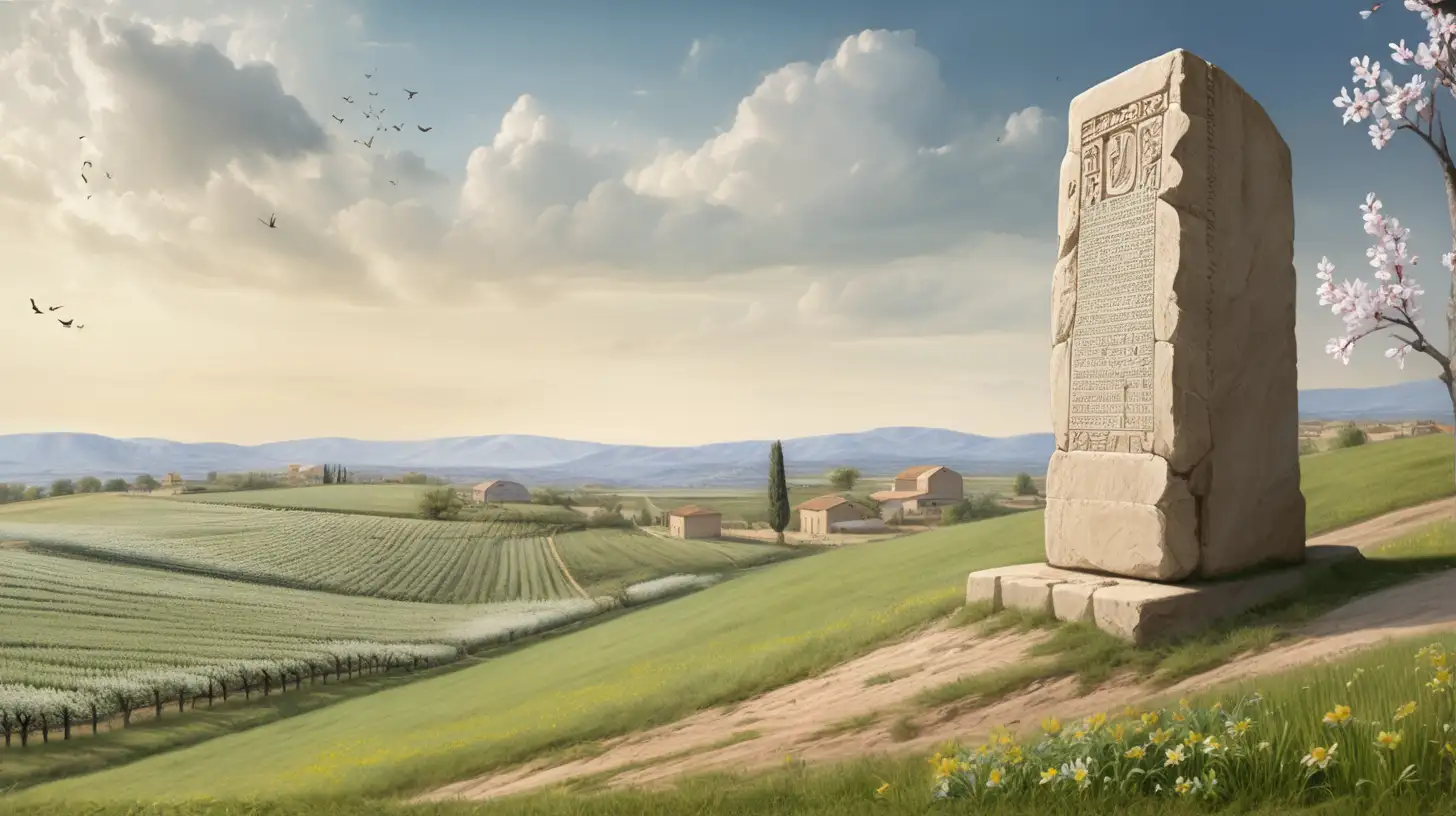 epoque biblique, une grande stèle érigée en haut d'une colline, au printemps, en fond des fermes, un verger