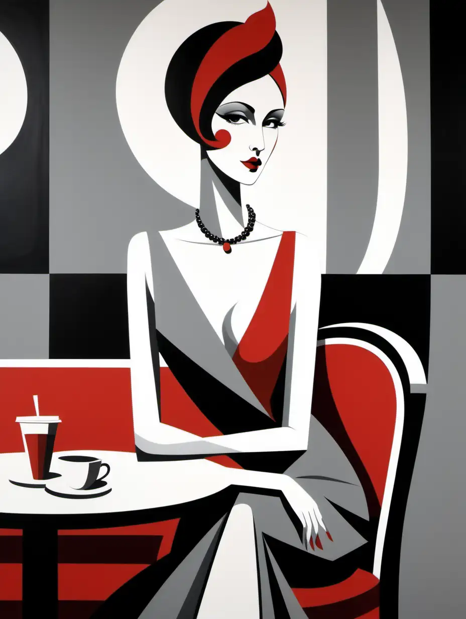 Abstract, modern art, minimalistic, simple shapes, large stokes. A Lady in a cafe dressed instyle of 1920's. use large strokes, white, carmin, scarlet, grayscale colors