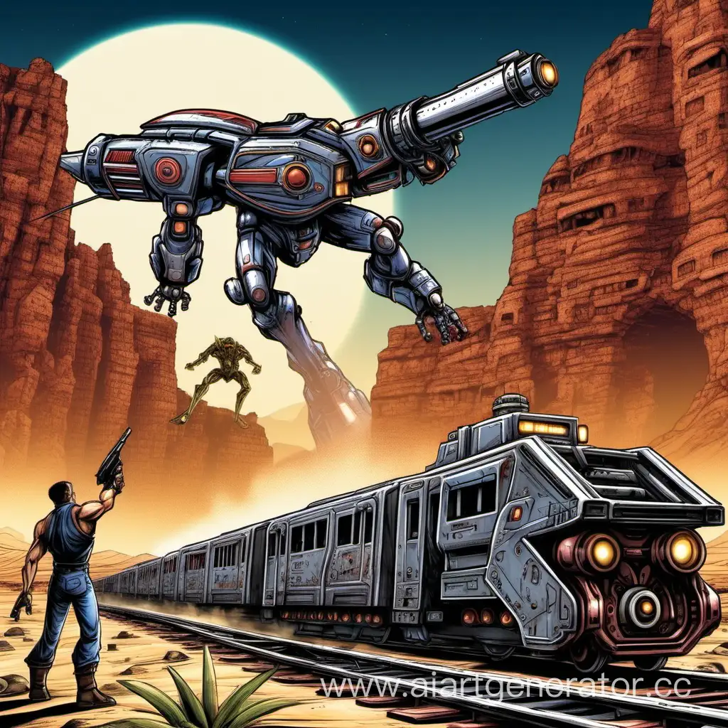 
Contra: The Alien Wars.
Билл и Лэнс сражаются и стреляют на крыше вагона в большого робота с пушкой. Робот на крыше вагона. Поезд едет вдоль пустыни с каньоном.