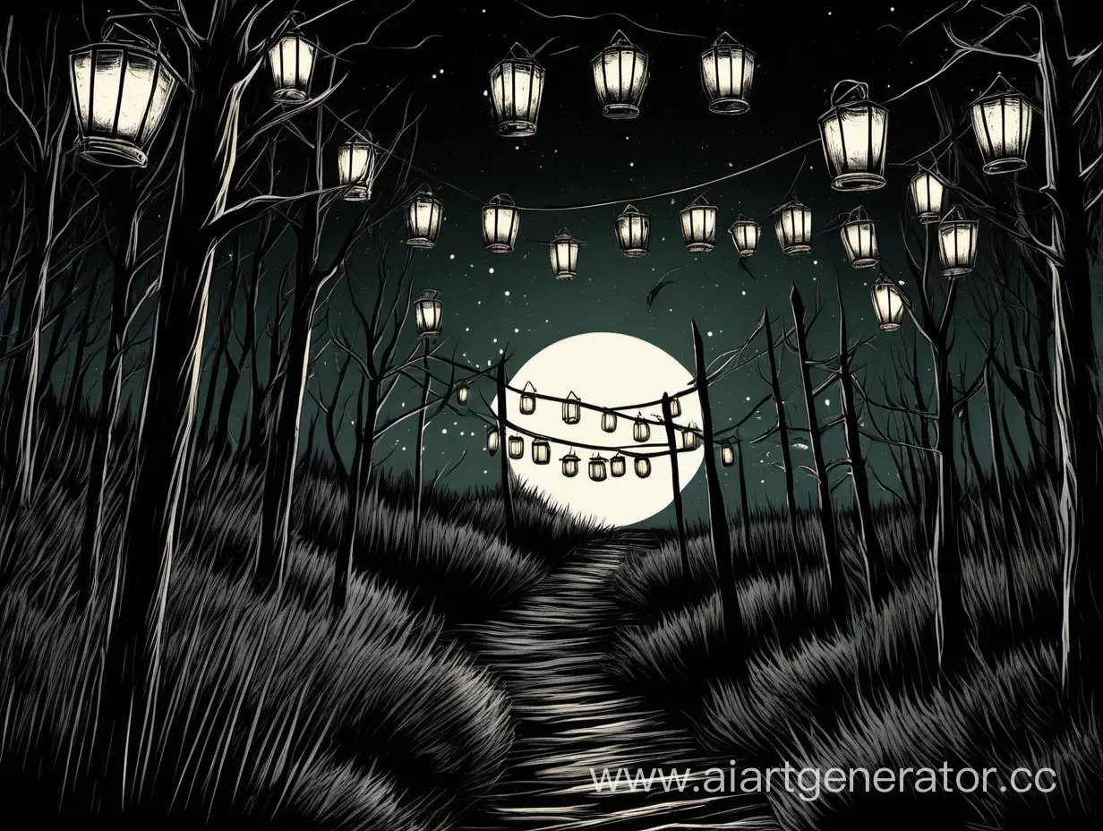 Eerie-Night-Scene-with-Lanterns-Illuminating-Path-to-the-Unknown