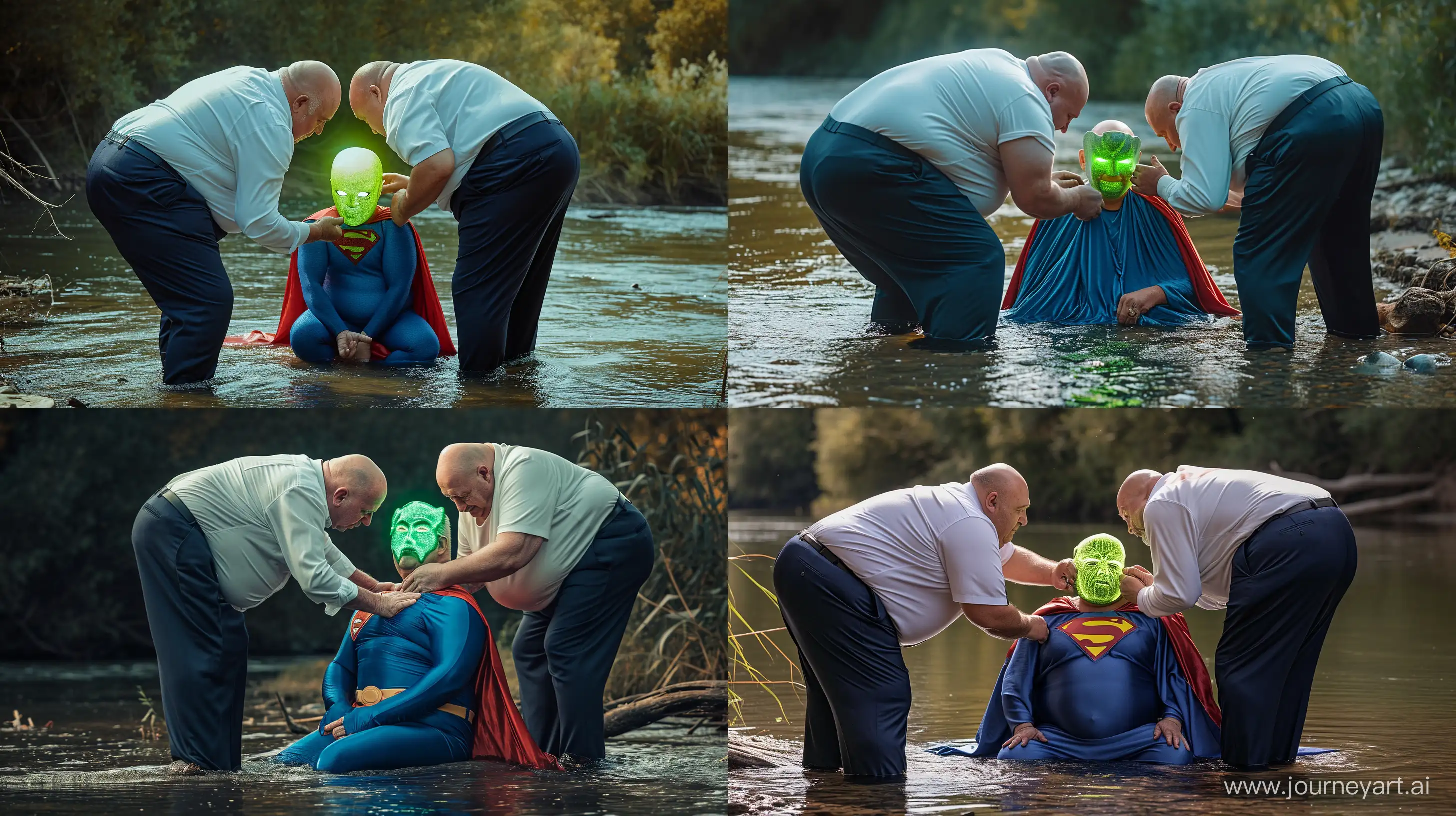 Back view photo of two chubby man aged 60 wearing a silky navy business pants and a white shirt, bending and tightening a green glowing mask on the face of another chubby man aged 60 sitting in the water and wearing a tight blue silky superman costume with a large red cape. River. Outside. Natural light. Bald. Clean Shaven. --style raw --ar 16:9 --v 6