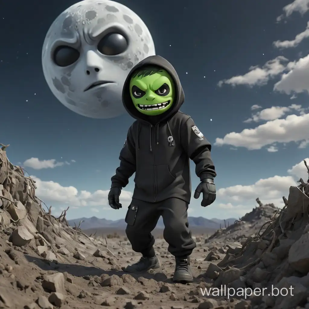 CARTOON CREEPER MASKED BLACKOUT HUMAN WITH EVERYTHING CLOTHERS BLACK AND WITH NICE CARTOON GROUND AND FORCEFLEIDED SKY ON MOON
