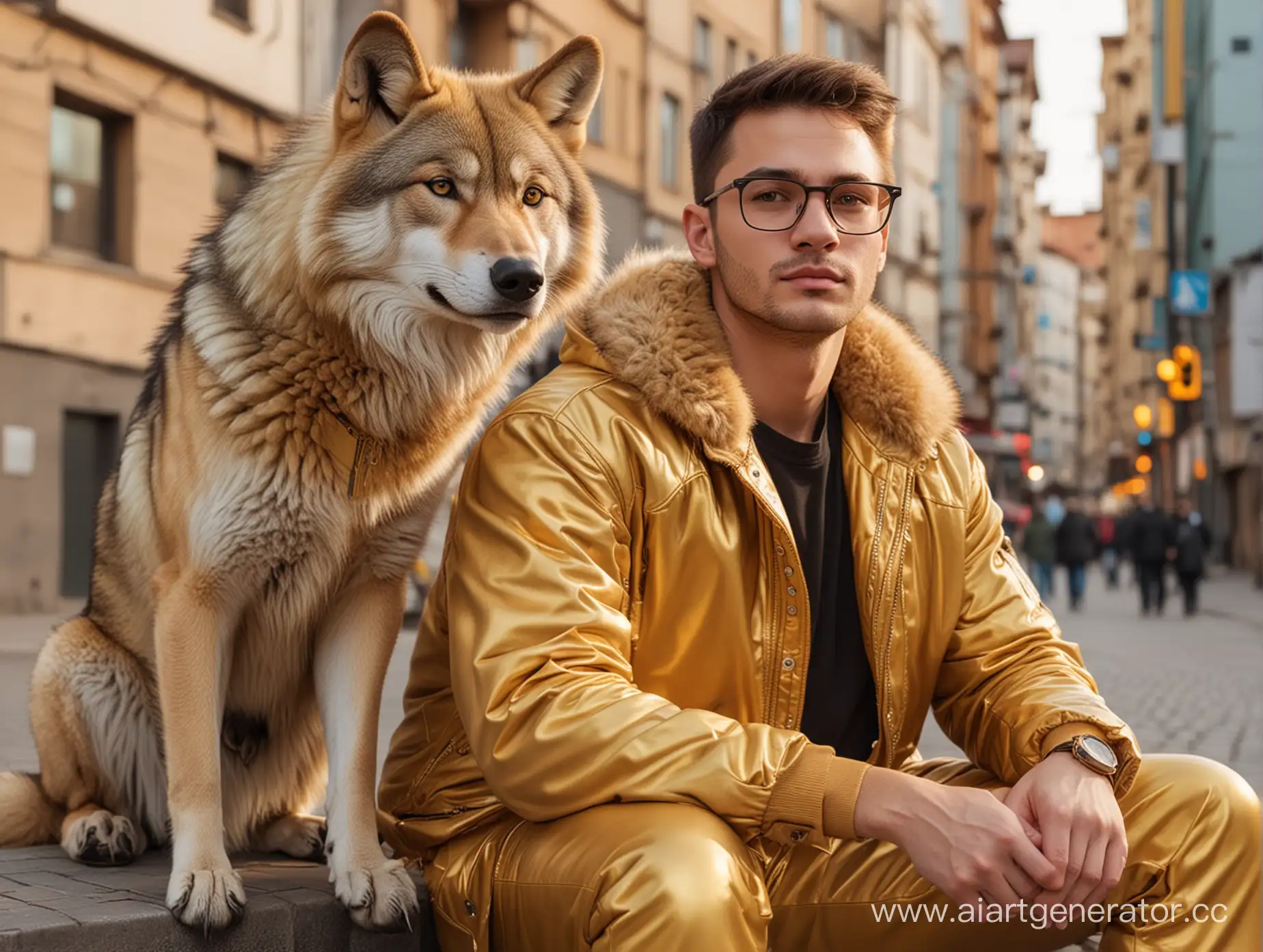 Парень в очках в золотистой куртке сидит возле волка. Город