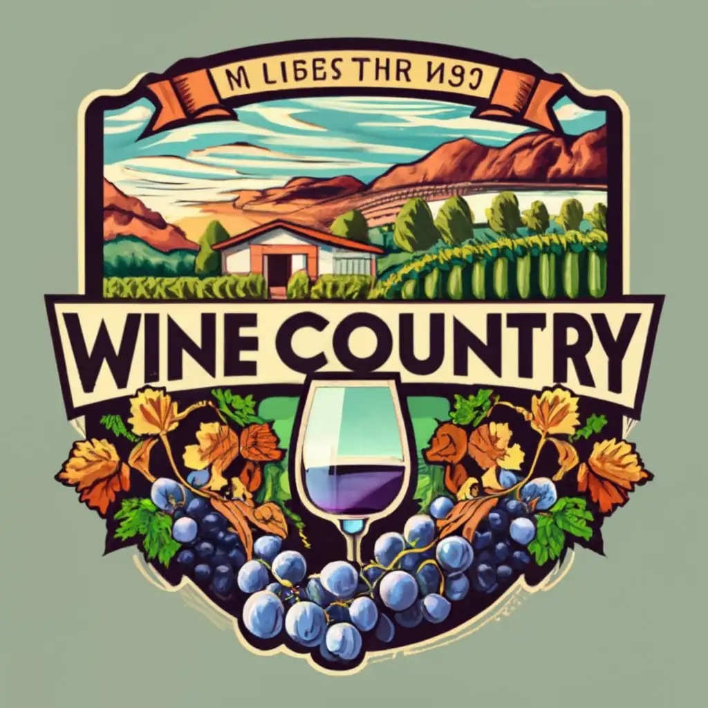 logo, water color, photorealistic, emblem, patch, logo, insignia, wine glass grapes, grape field, with the text "Wine Country Warehouse", typography, be used in Retail industry