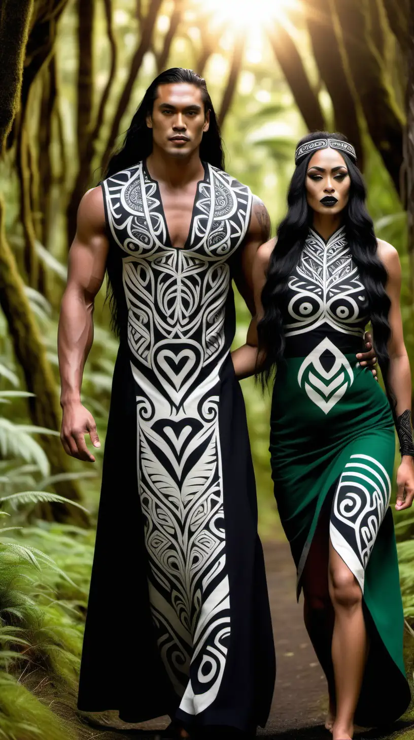 A young handsome muscular Maori male model with long hair wearing a white and black maori design attire with his lips colored black holding a beautiful Maori model with long black hair wearing a matching gown and walking in the green forest with the sun out bright