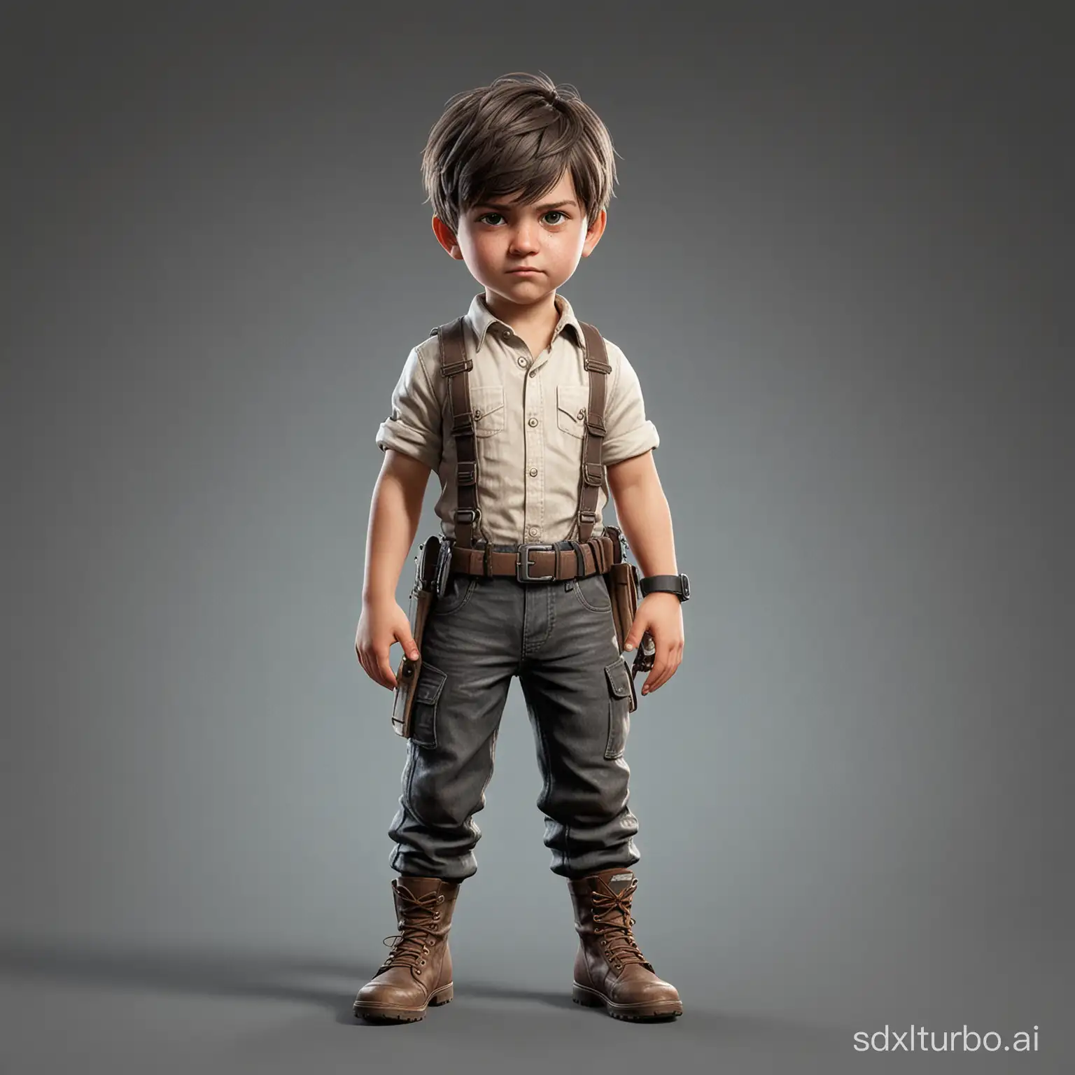Little child pubg character with masculine face, game character, stands at full height
