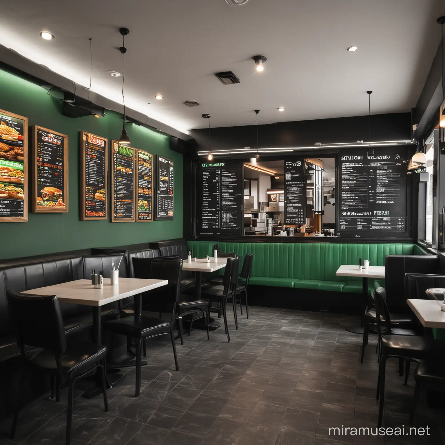 Interior restaurante comida rapida en negro y verde