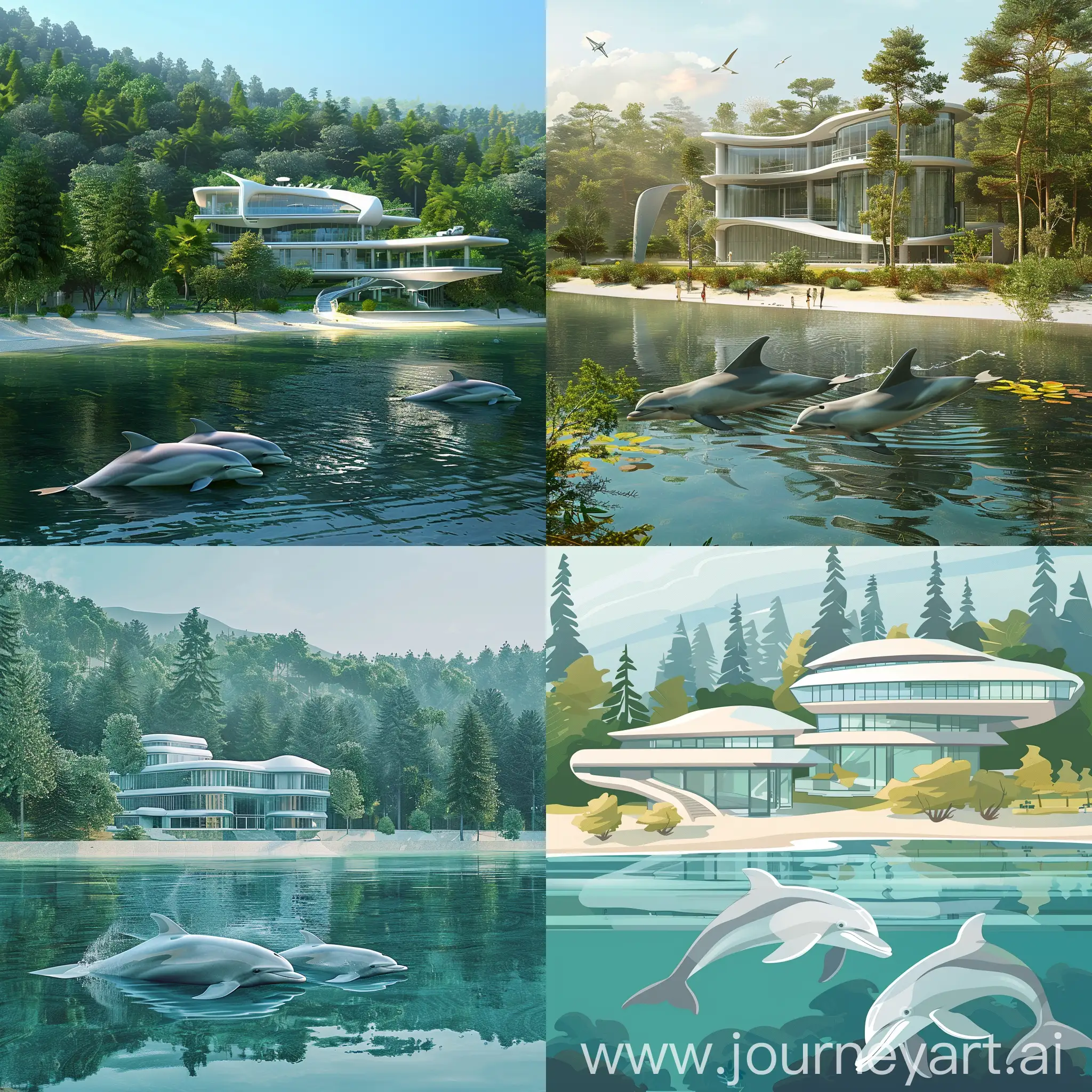 Dolphins-Swimming-by-School-Lake-Near-Beach-and-Futuristic-Building