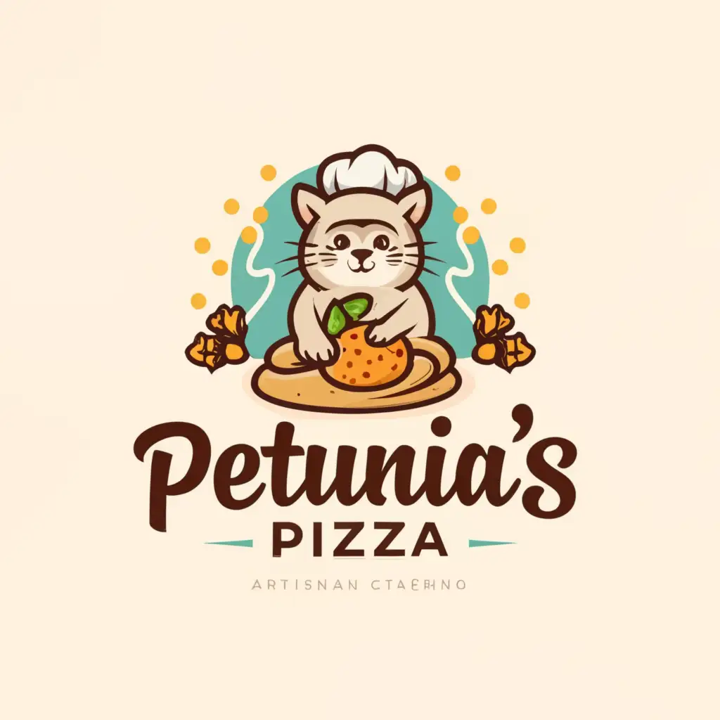 a logo design,with the text "Petunia's Pizza", main symbol:I need a logo for a small artisan pizza catering business called Petunia's Pizza. The name Petunia is after my cat. I have attached an AI generated logo that I've been using that I think captures some things that are important to me -- a cat with a chef's hat, kneading a dough ball, with some floral petunia's incorporated. I have also attached a picture of my cat Petunia so that the cat in the logo can look more like her. The words that come to mind are cutesy and feminine when I think of the style I'm looking for.

Logo Text
Petunia's Pizza,Moderate,clear background