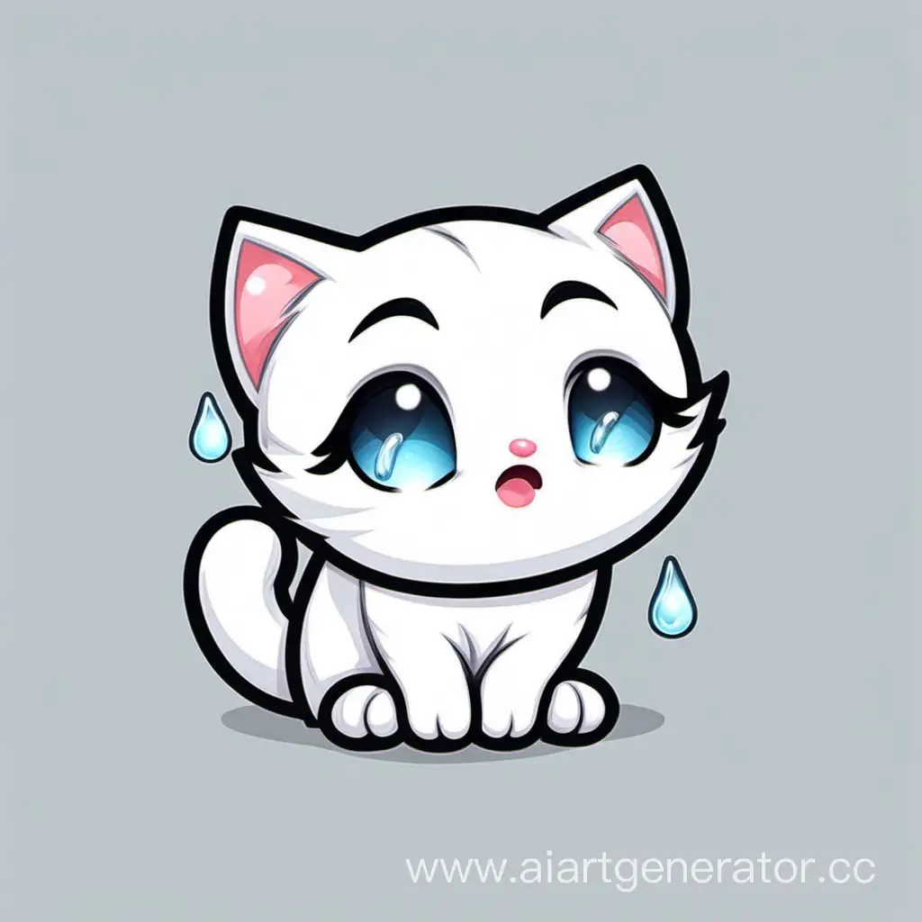 Смайлик белого котика который плачет слезами из глаз