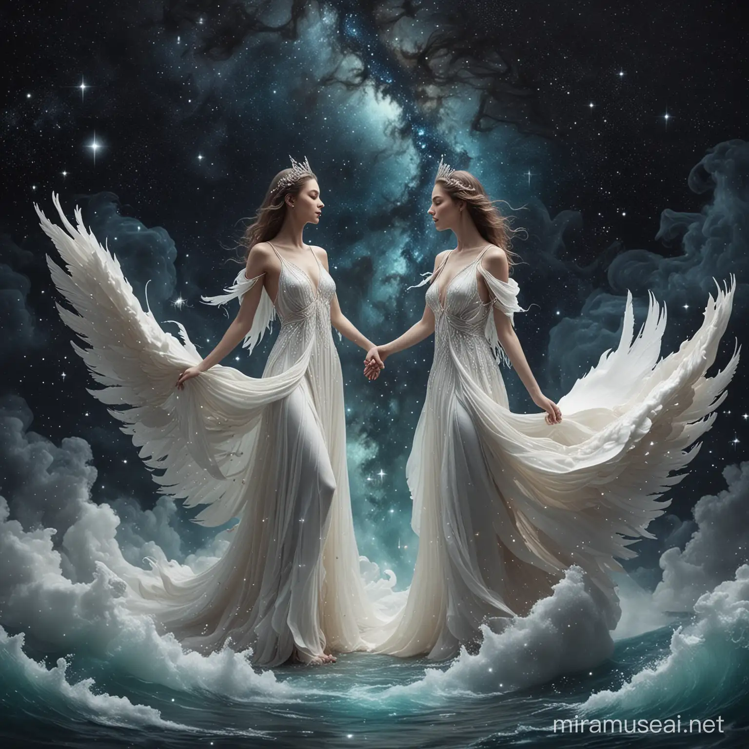 create a fashion portfolio front page which shows a realm universe where galaxies danced and stars whispered ancient secrets, there dwelled six magnificent swans of extraordinary essence