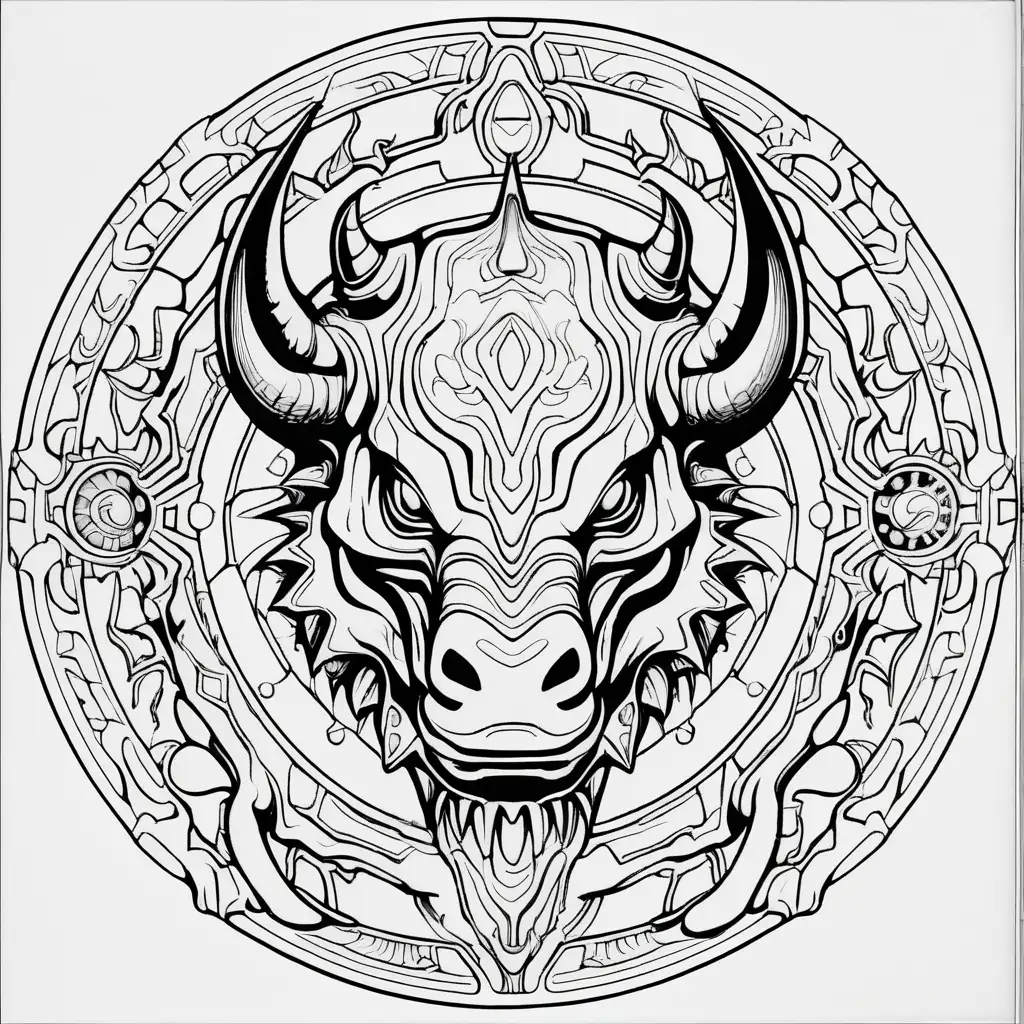 Coloring book image. Black and white only. Symmetrical and balanced mandala with disgusting slimy, kaiju rhinoceros in style of H.R Giger. Clean and clear outlines that allow for easy coloring. Ensure the design provides ample space for creativity and coloring.