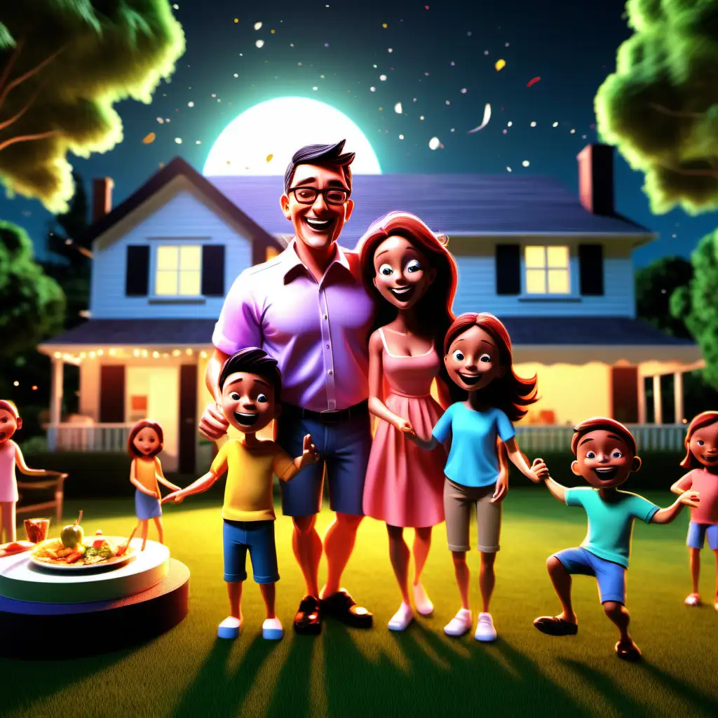 Create a 3D illustrator of an animated image of a average weighed hardworking father dreams of his wife and his kids partying on the lawn outside of his beautiful house. Beautiful spirited background illustrations.