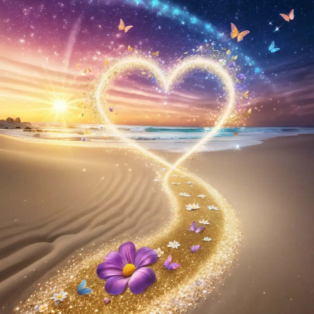 glitter glowing heart trail in the sand with sun rays and beautiful flowers muliti colored sky crashing waves filigree glitter butterfly
