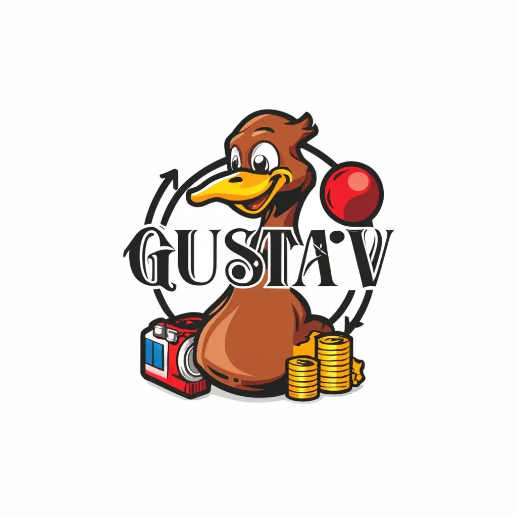 a logo design,with the text 'GUSTAV', main symbol:Balls, friendly duck,money, camera, rich,complex,be used in Sports Fitness industry advertisement, earth background