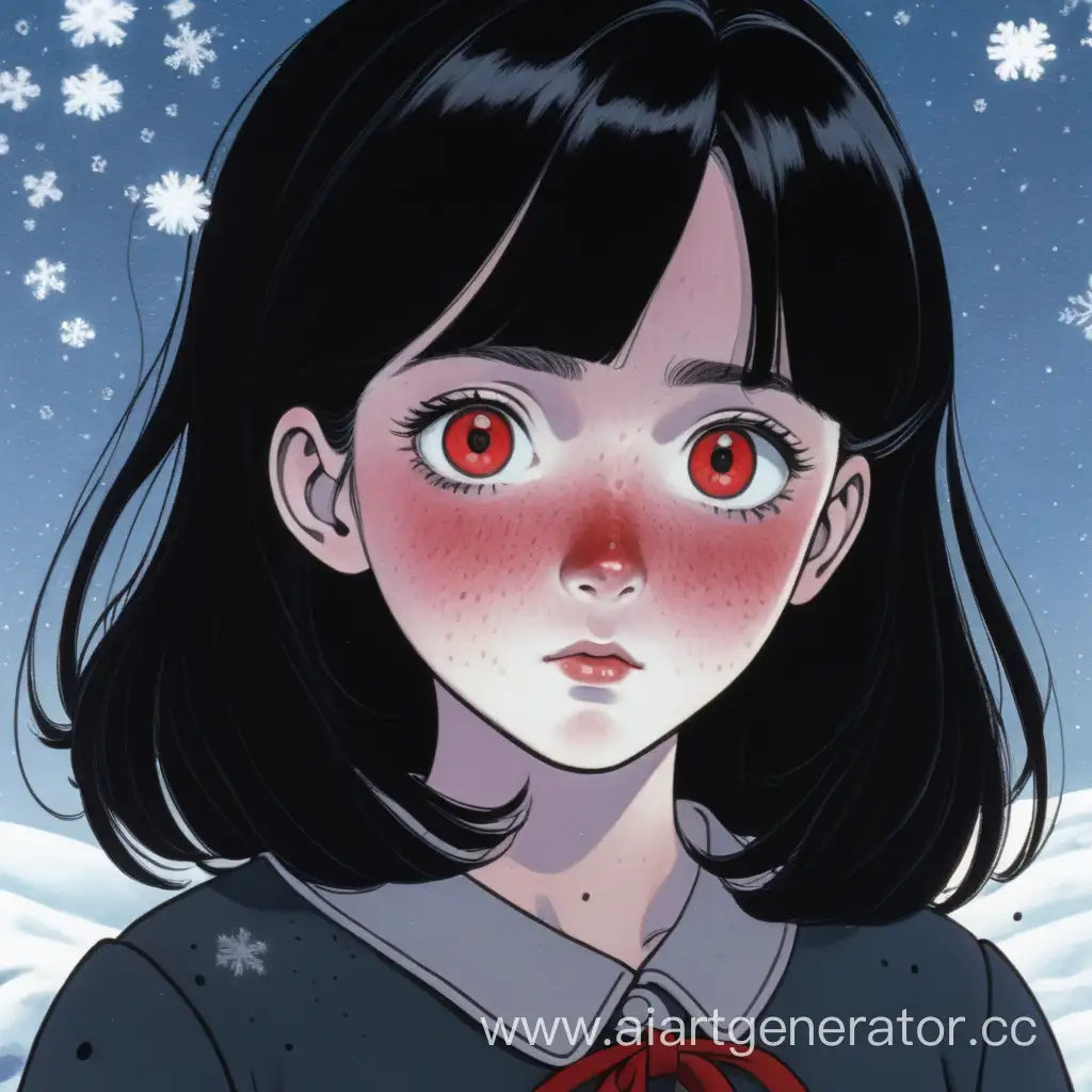 A thin 26-year-old woman with snow-white skin and freckles. Ruby-red eyes with black flecks, thick black hair. Ghibli art style. An old missing poster. Ghibli art style.