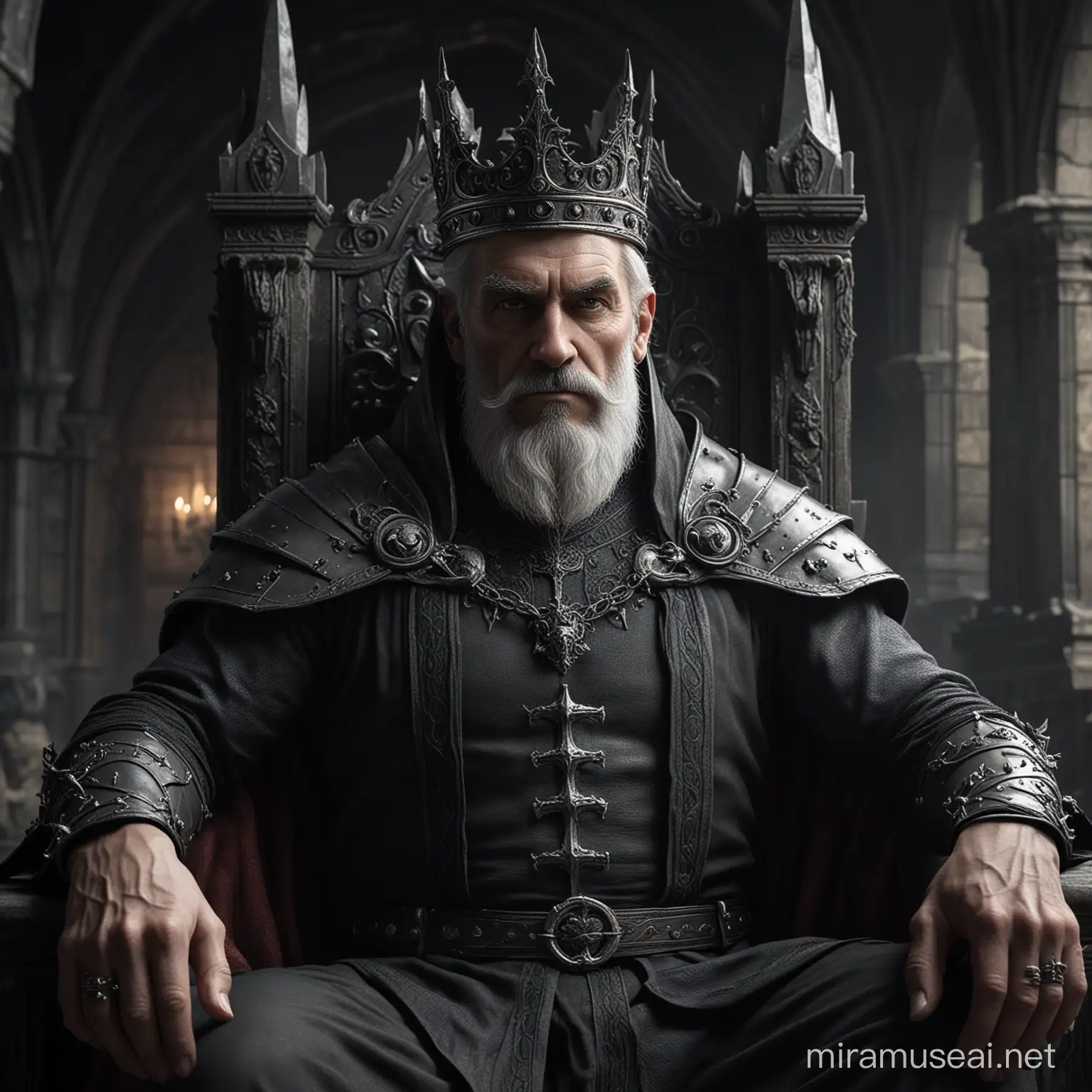 photorealistic dark lord, old king sorcerer, handsome face, short grey beard, full body,  very strong muscular body, toned muscles, big arms, wearing a dark crown, sitting in a throne inside a dark gothic castle, very realistic