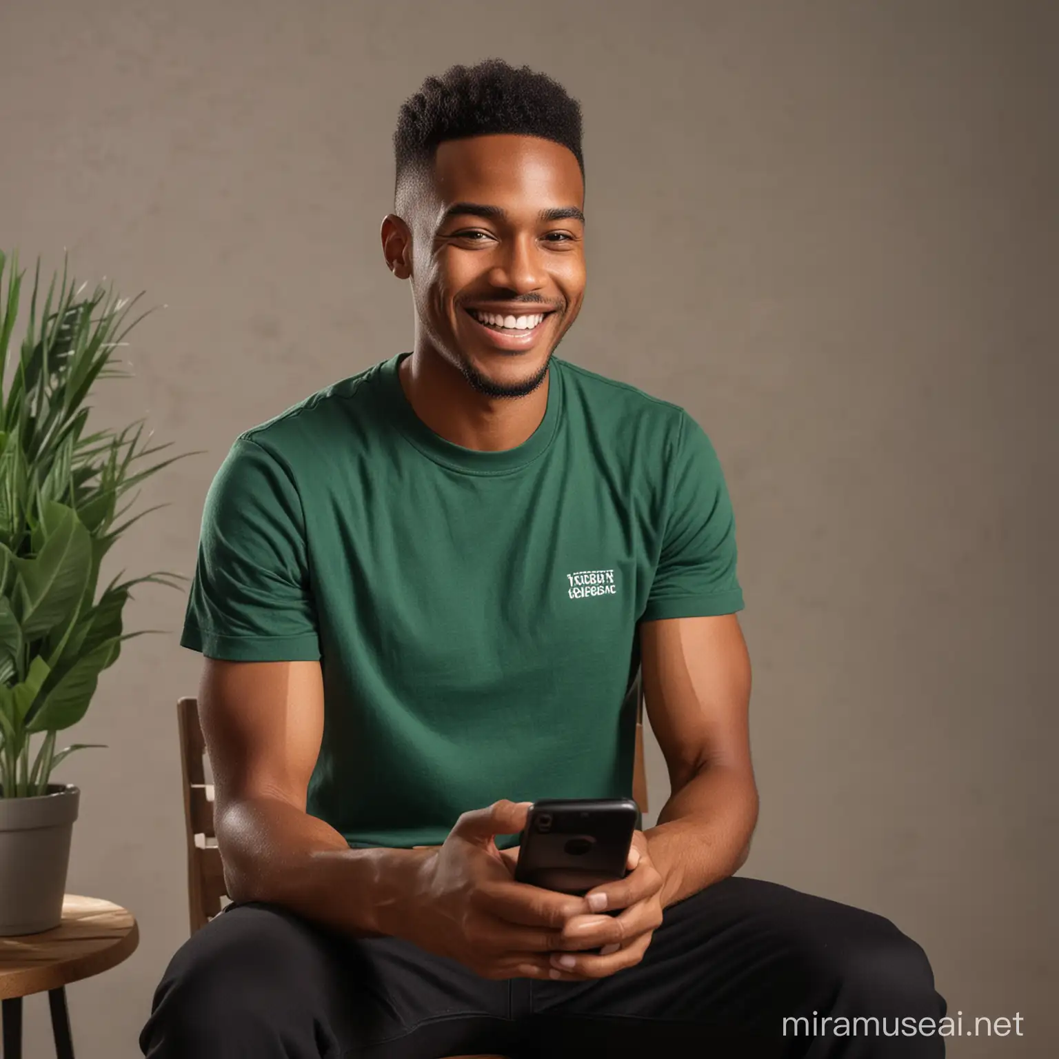 Black guy sitting on a wooden chair pressing  his phone , Cheerfully smiling to camera , putting on a midnight green t-shirt and black pants , facing camera