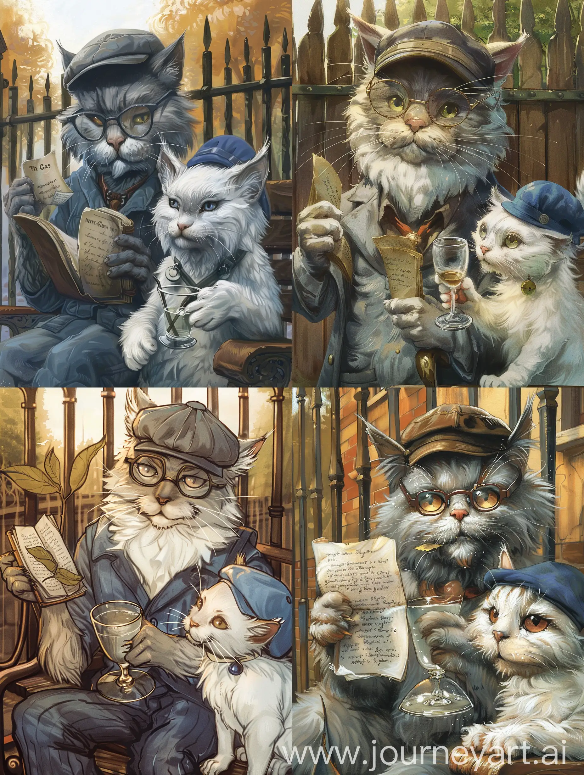 Кот бывалый, серый, в кепке и в очках держит в одной лапе листки какой-то рукописи, в другой лапе рюмка .  Его слушает белая кошка в синем берете. И кот и кошка сидят на скамейке  у забора.