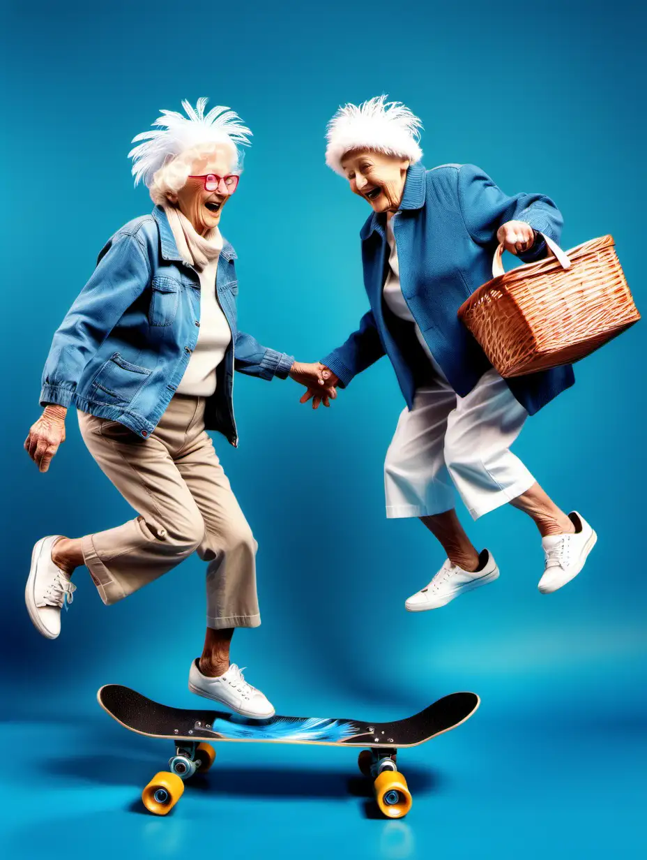 old couple jumping on a skateboard,  bright blue background, feather hats and shopping basket