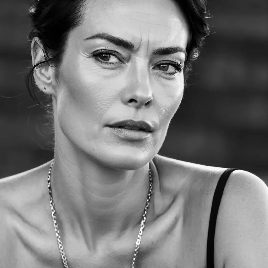 I need an image of female character similar to a movie still taken from a movie scene, look similar to Lena Headey a determined,  Make the background black, very realistic short depht of field. She is in her early forties with sharp features, cold businesswoman