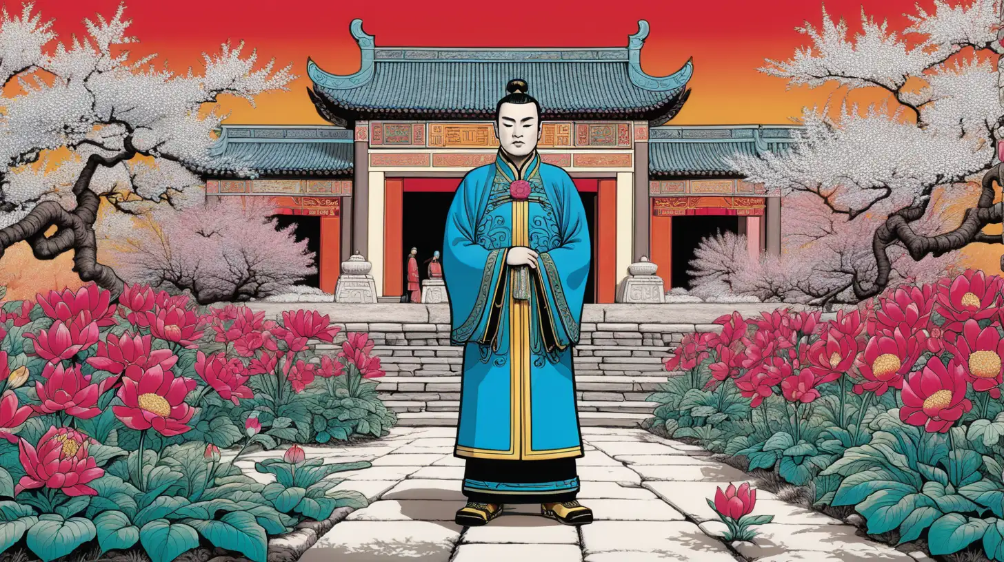 Emperor of Ancient China Tending to Palace Garden in Bold Pop Art Style
