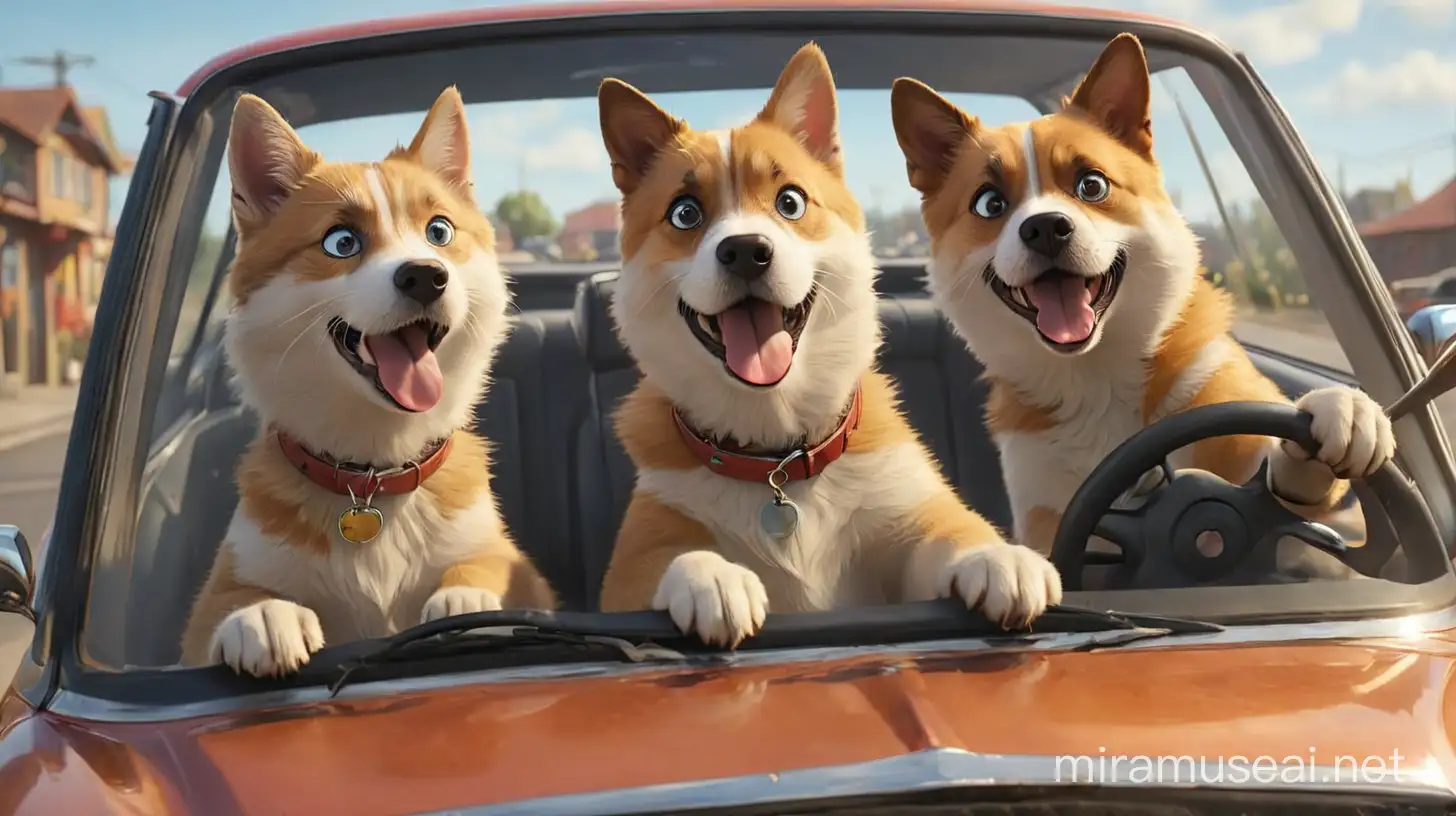 make a image of funny cats and dogs driving cars. hyper and ultra realistic

