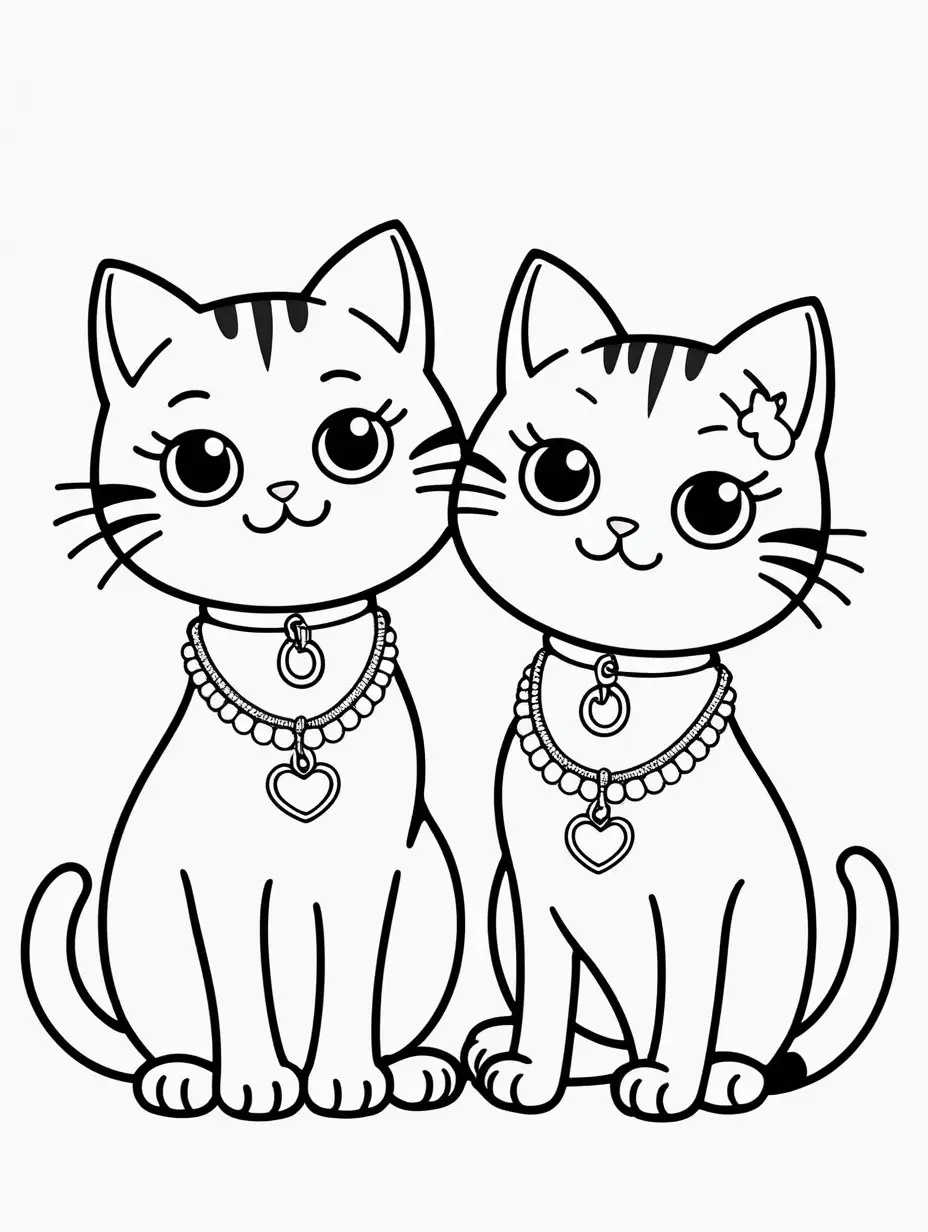 coloring page for kids two cute kawaii cats happy with  necklaces, black lines, white background