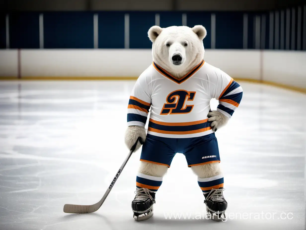 Белый медведь в хоккейной форме, ледовая арена