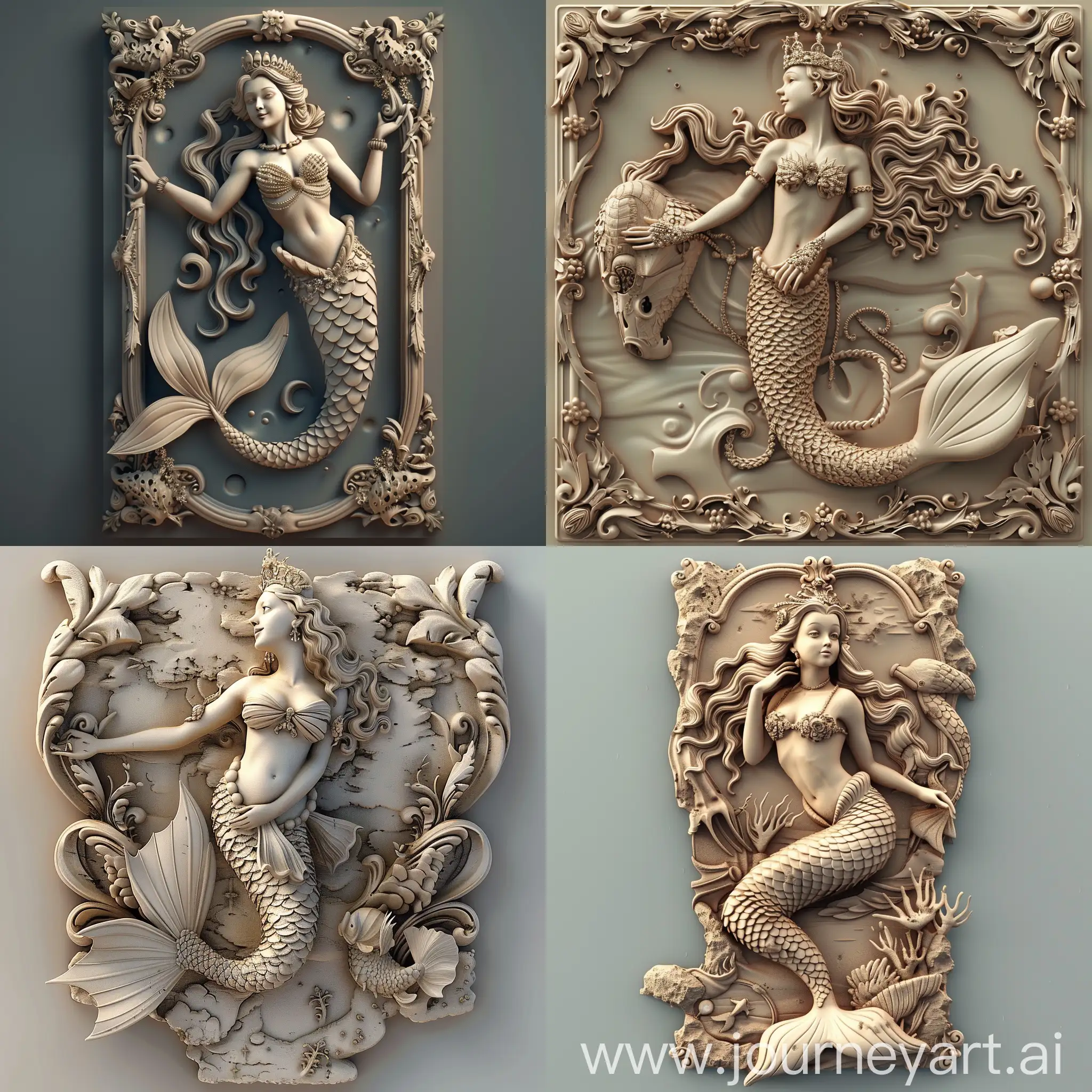 bas relief of a queen mermaid, 3d, high detail, cartoon-like