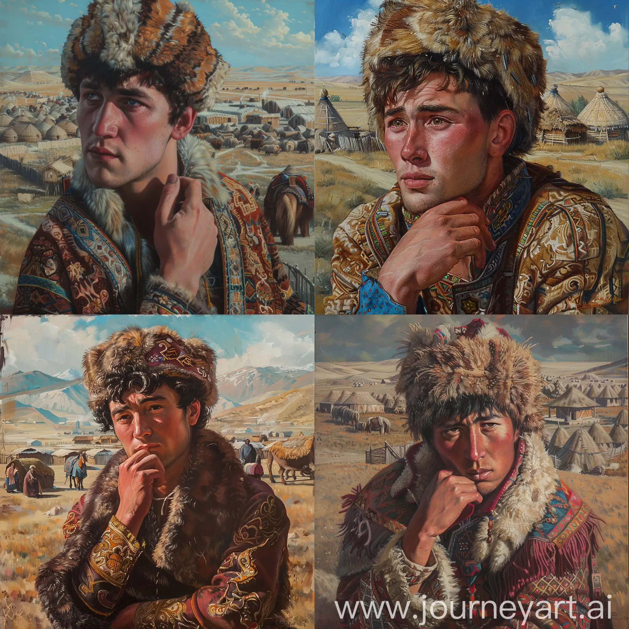 Kazakh nomads village in background and in the foreground is our young and handsome kazakh character, now in Kazakh costume something national, thoughtful face expression with hand on chin, oil paining, renaissance style
