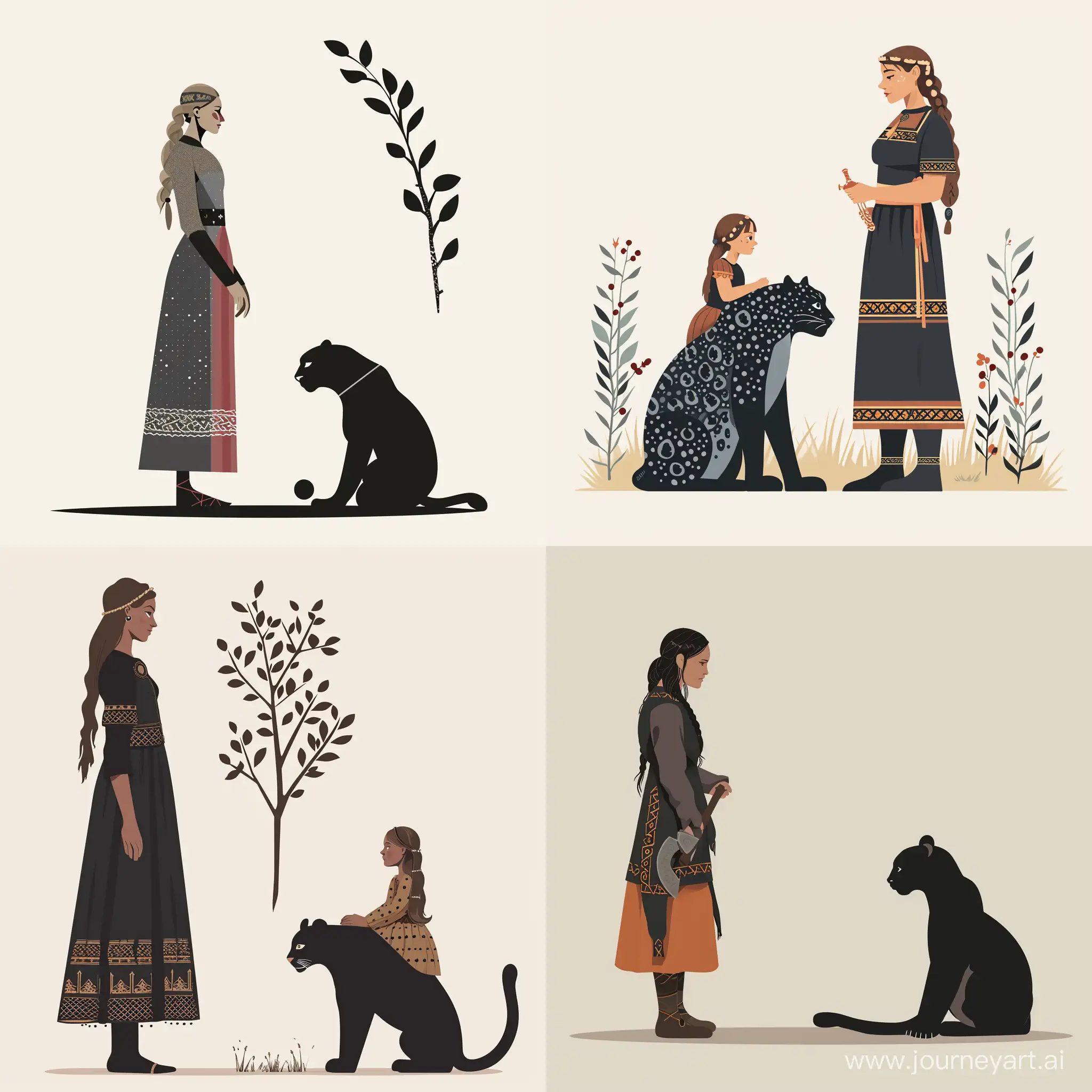 viking woman in Scandinavian's recognizable style, near girl siting panther, in simple and minimalistic vector style
