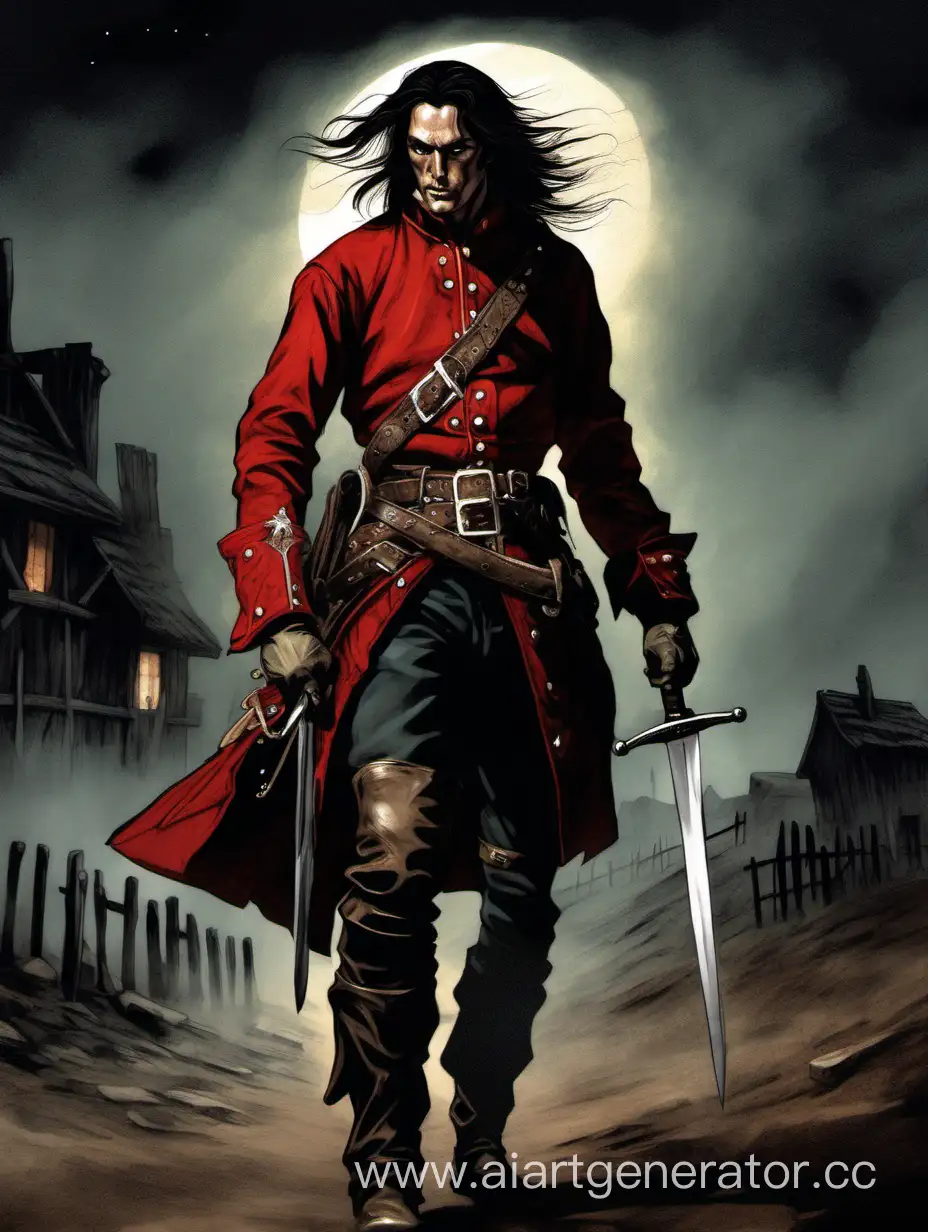 A wild West soldier with long dark hair and a short forehead. He is dressed in a red doublet, carries a broadsword in a scabbard. Night time