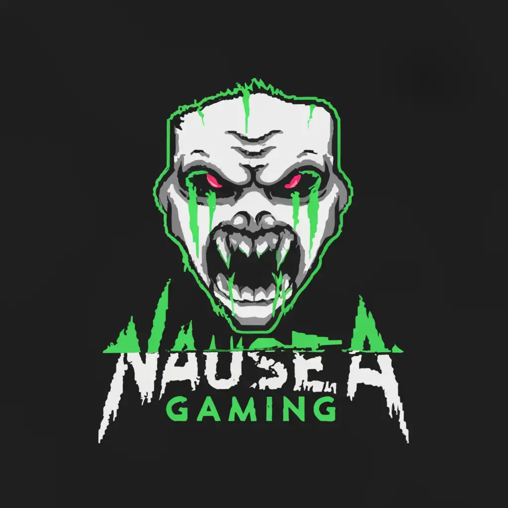 LOGO-Design-for-Nausea-Gaming-Sinister-Black-and-Green-Icon-with-Distorted-Face-and-Pixelated-Text