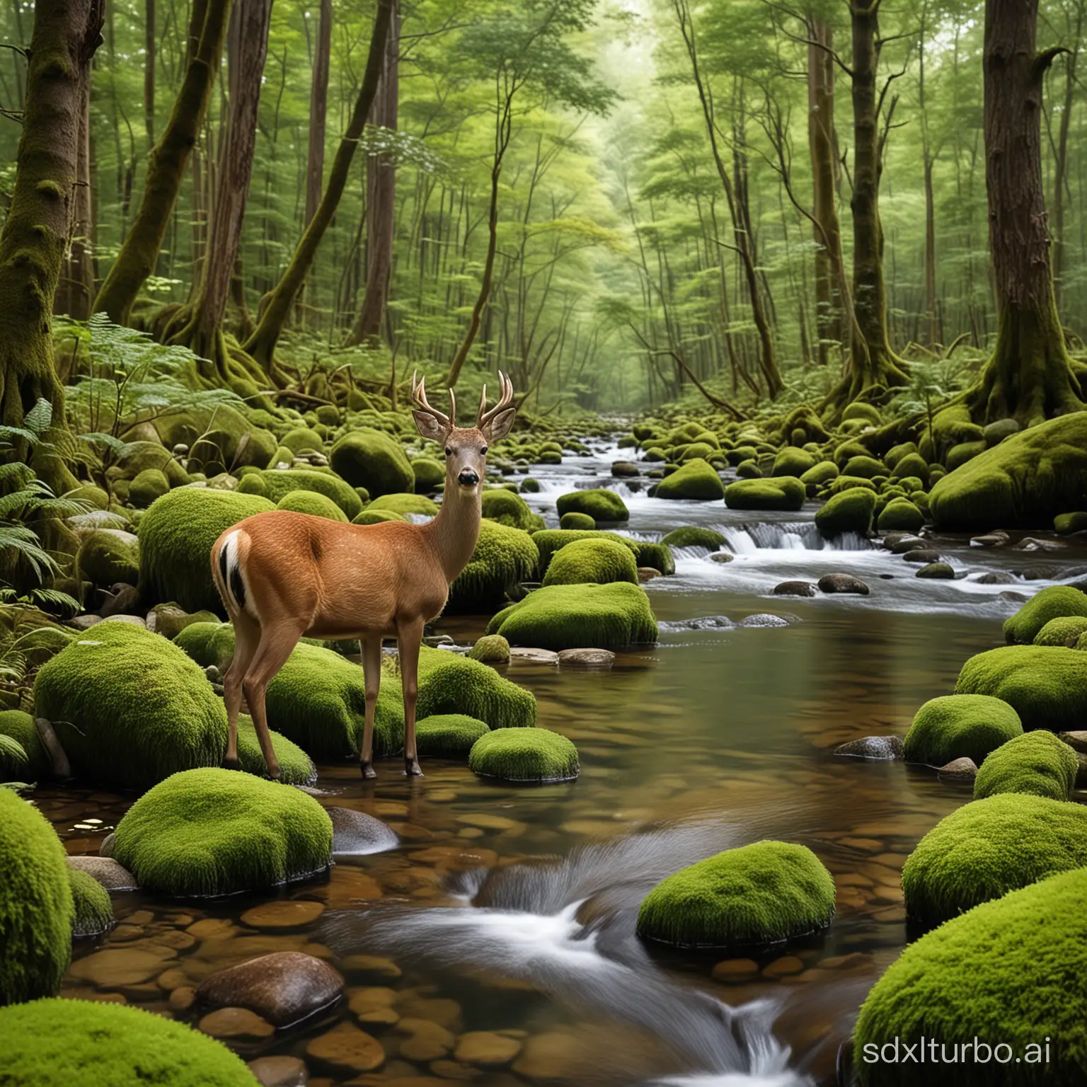 "Forest, river, rocks, moss, cute wild deer" A photo of a serene forest scene, where a crystal-clear river flows gently over moss-covered rocks. The lush greenery of the forest creates a tranquil atmosphere, while the moss adds a touch of vibrancy and texture. In the midst of this natural beauty, a cute wild deer appears, its gentle eyes and graceful presence adding a sense of enchantment to the scene. This photo captures the harmony between the elements of nature and evokes a feeling of peace and awe.