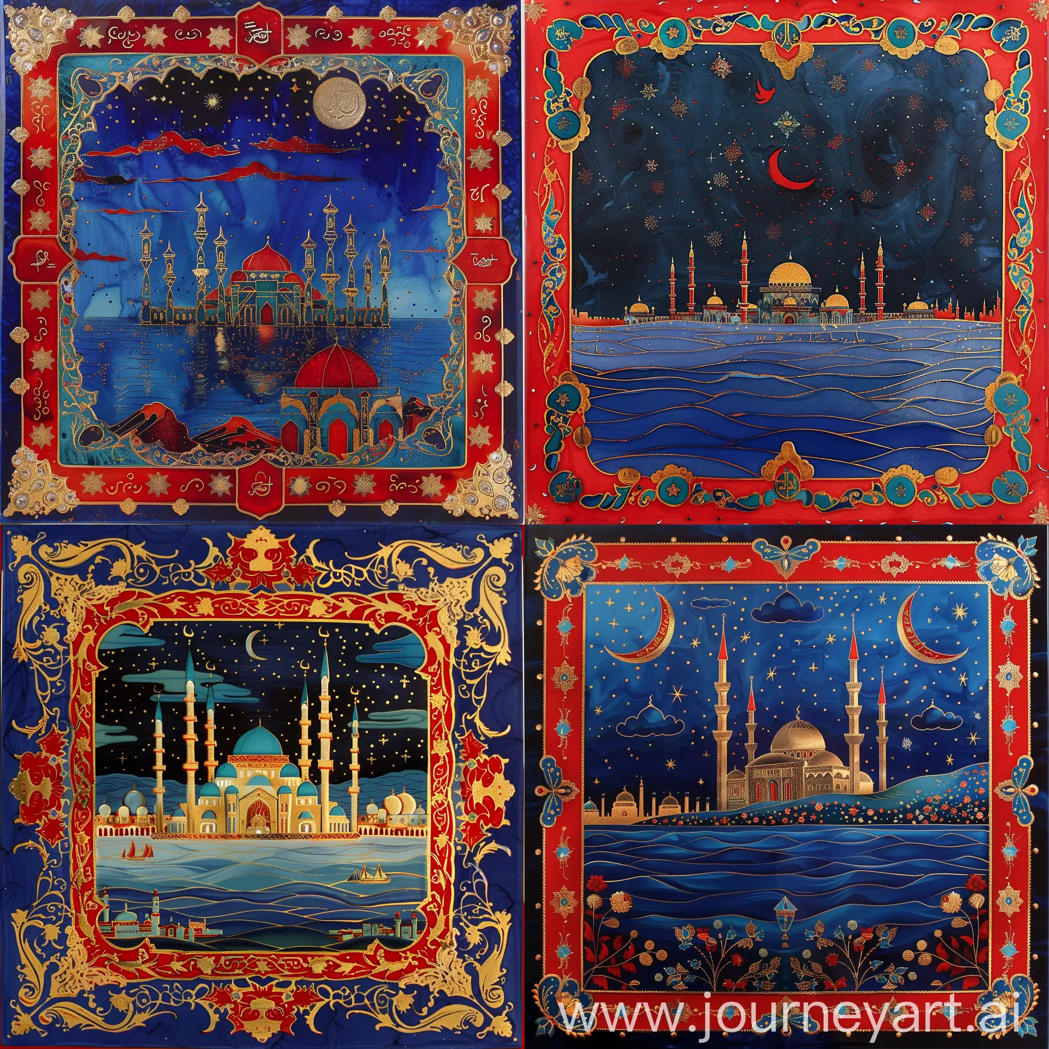 a lusterware having red blue islamic style iznik and arabesque decorated ornaments on border, depicting painting of a fantasy grand mosque beyond sea under night sky, golden outlines, red blue black red turquoise green white colored