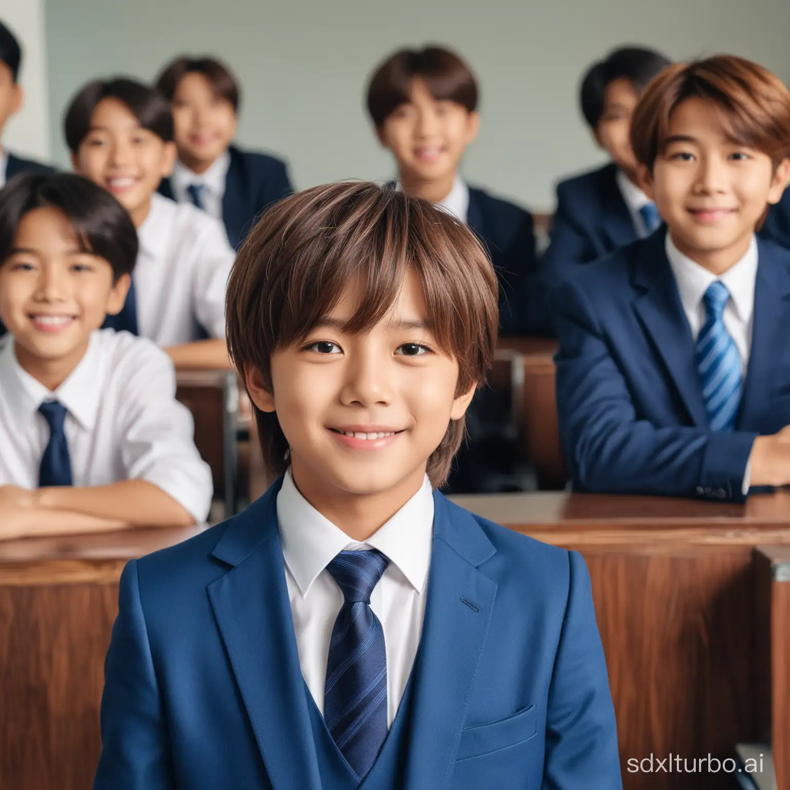 7 YEARS OLD BOY WITH BTS JIN face, BEAUTIFUL HAIR STYLE WITH BLUE SUIT AND TIE, center of frame, smile, smart, , whole head, both sides shoulders, suit are in the frame, he standing front class room, he face to all other whole class student