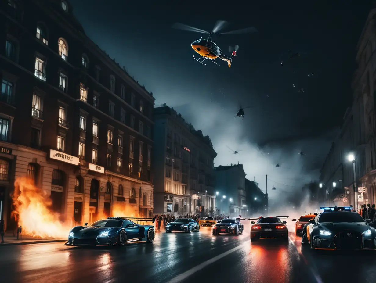 front view on night street with high dark building with fire from windows, lot of peoples on both sides of the street, illegal car race on street, 6 cars drifting, flying black helicopter on the sky
