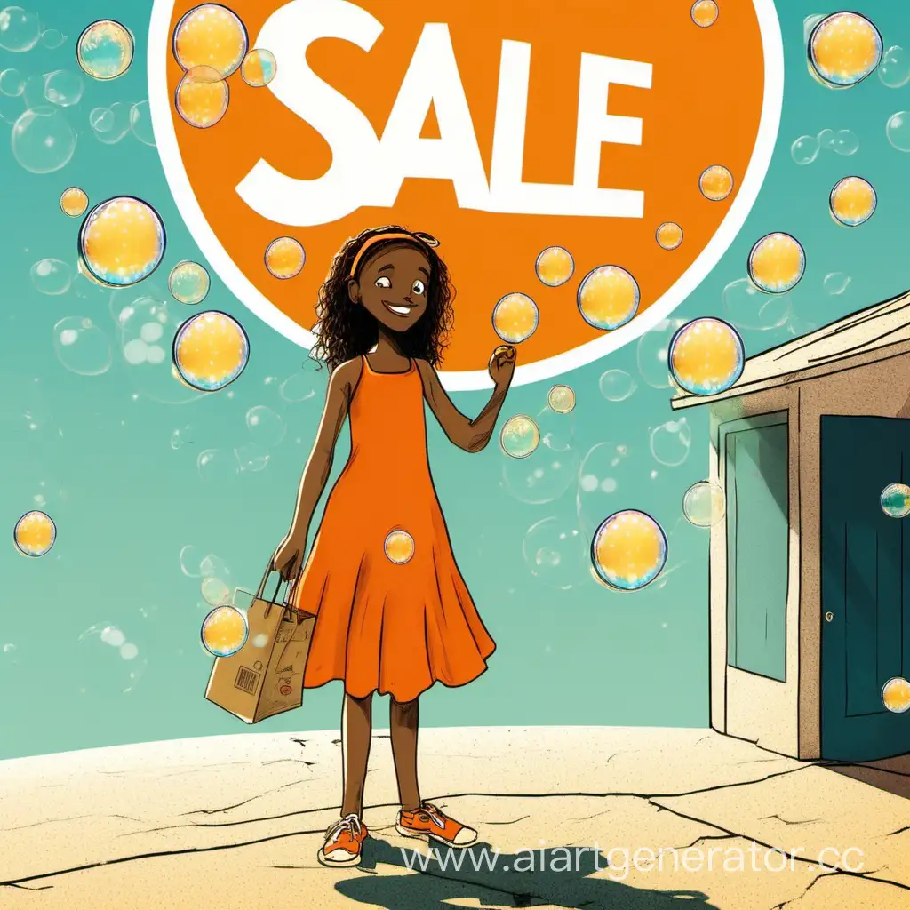 девушка в оранжевом платье стоит под солнцем с пузырьками на фоне и надписью sale