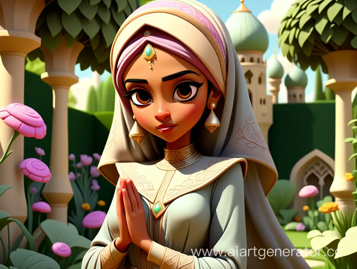Charming-8K-Cartoon-Style-Image-Muslim-Princess-in-Enchanting-Garden