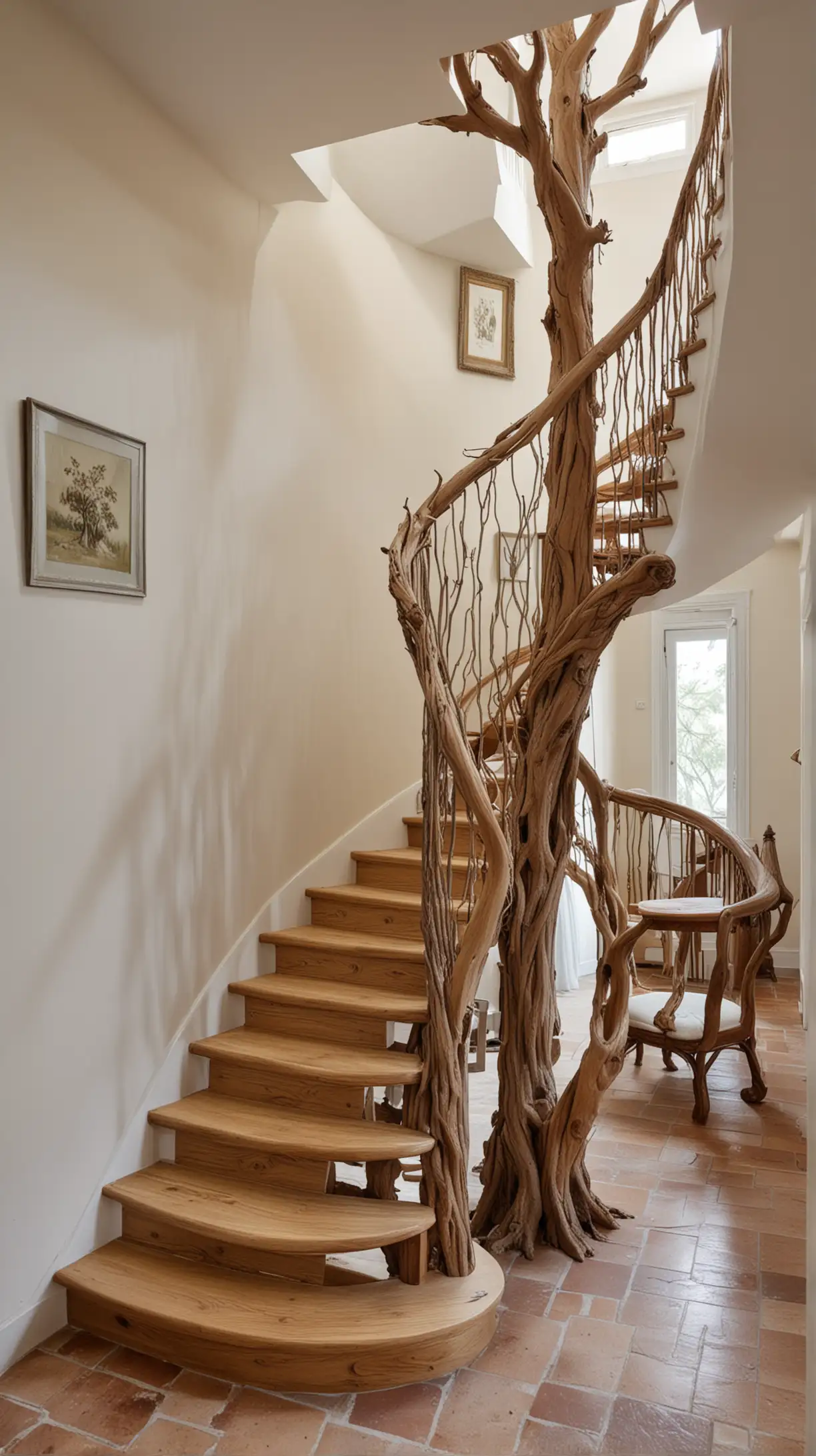 Escalier fait en arbre tortueux dans une charmante maison